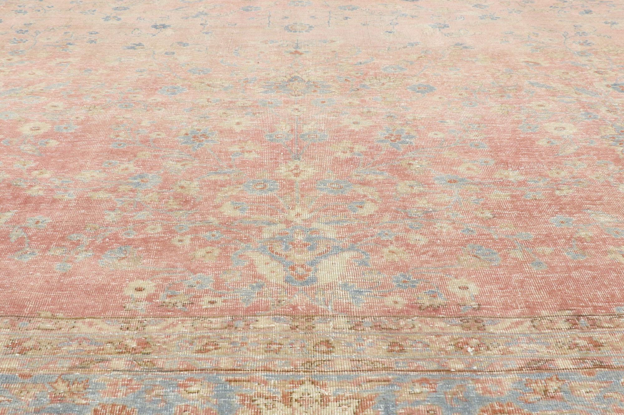 Hand-Knotted Distressed Antique Pastel Rug, Regencycore Meets Bridgerton Style For Sale