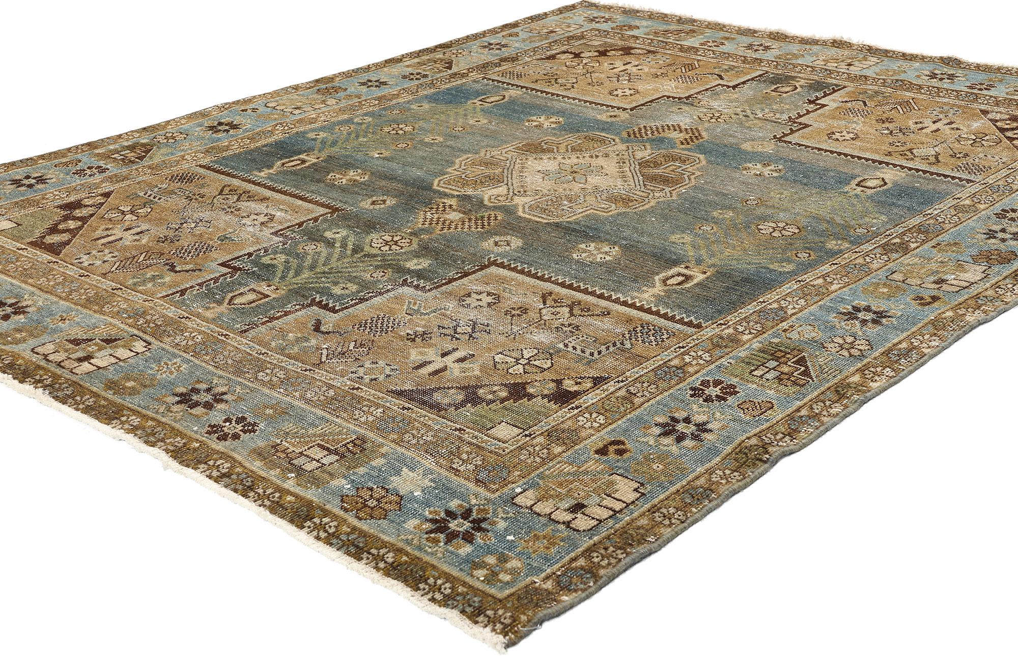 60922 Antique Persian Afshar Rug, 05'02 x 06'06. Antique-washed Persian Afshar rugs, originating from the Afshar tribe in Iran, offer a modern twist on traditional craftsmanship. These Persian rugs feature faded geometric designs, soft color