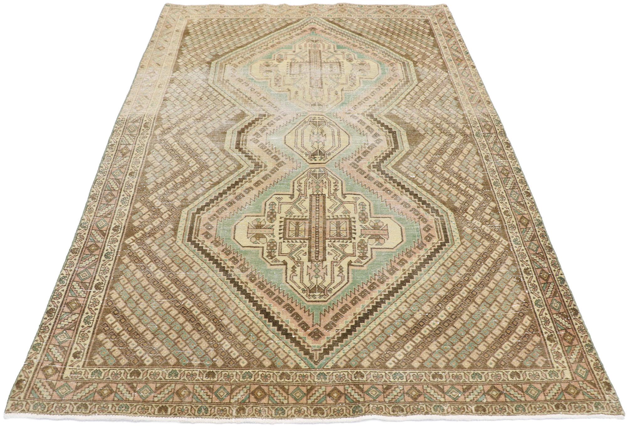 Hand-Knotted Distressed Antique Persian Afshar Tribal Rug with Boteh Design For Sale
