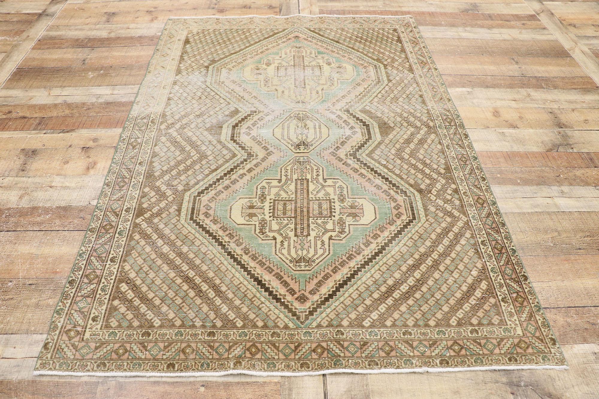 Distressed Antique Persian Afshar Tribal Rug with Boteh Design For Sale 1