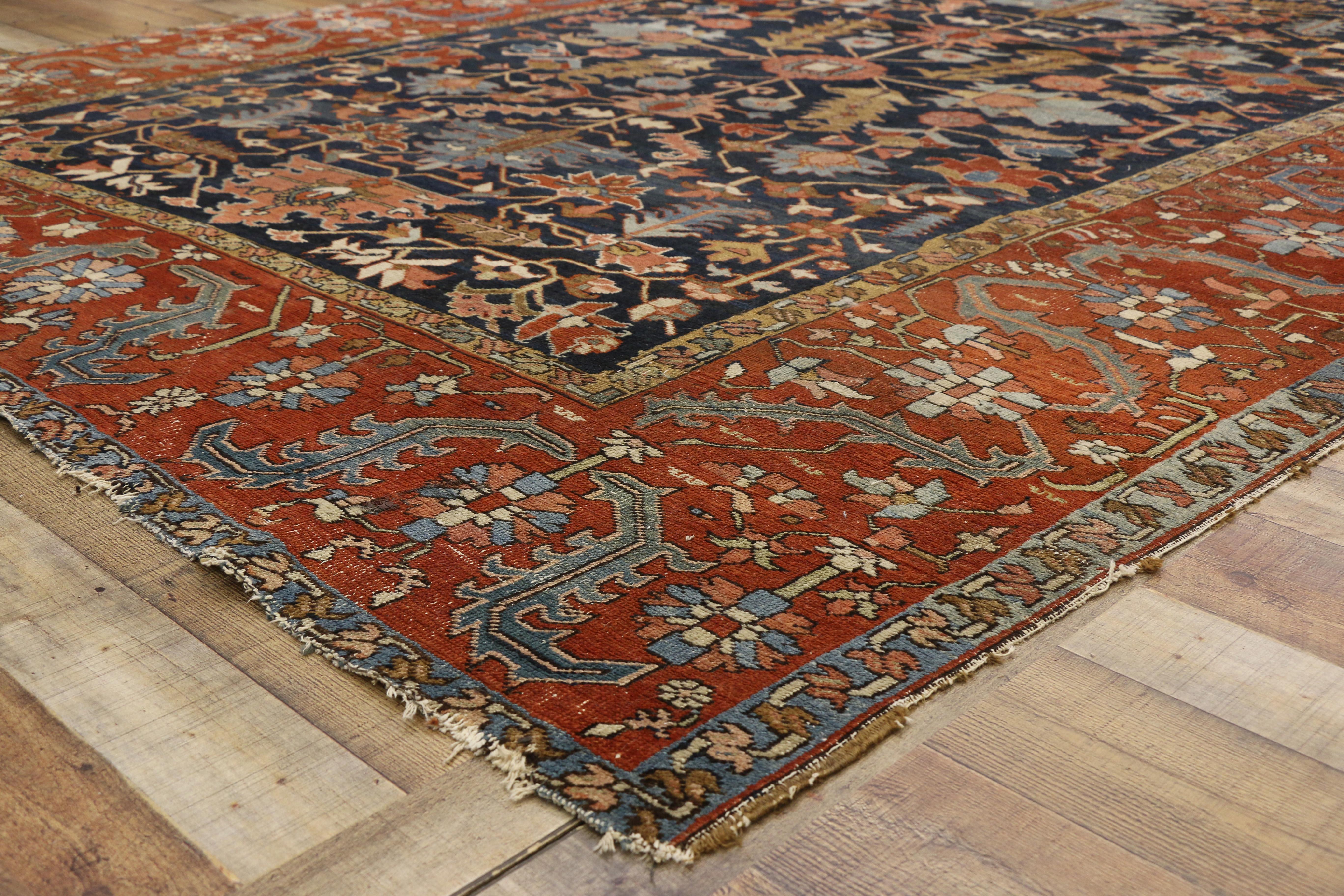 Distressed Antique Persian All-Over Serapi Rug with Rustic Downton Abbey Style In Distressed Condition For Sale In Dallas, TX