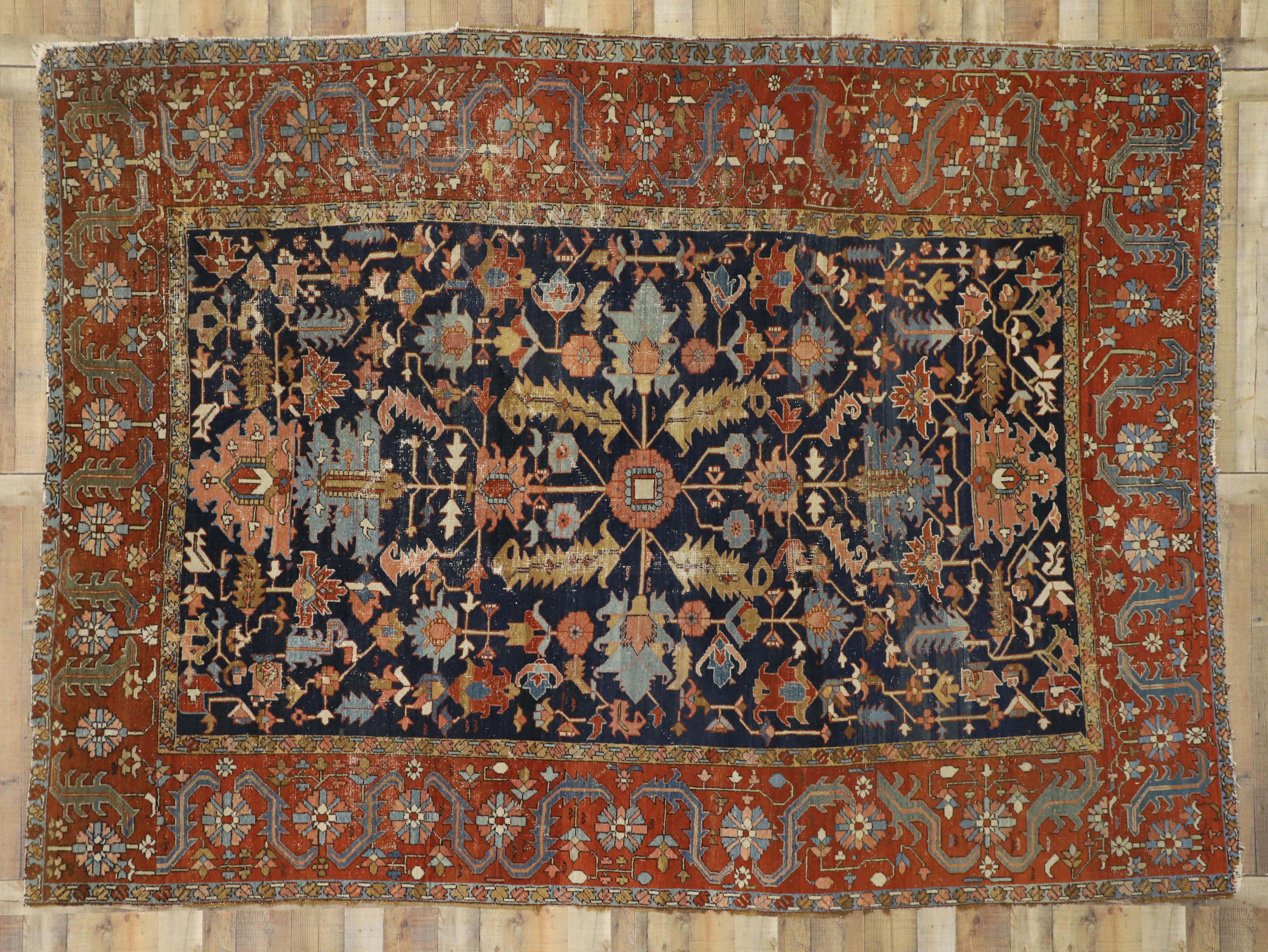 Wool Distressed Antique Persian All-Over Serapi Rug with Rustic Downton Abbey Style For Sale