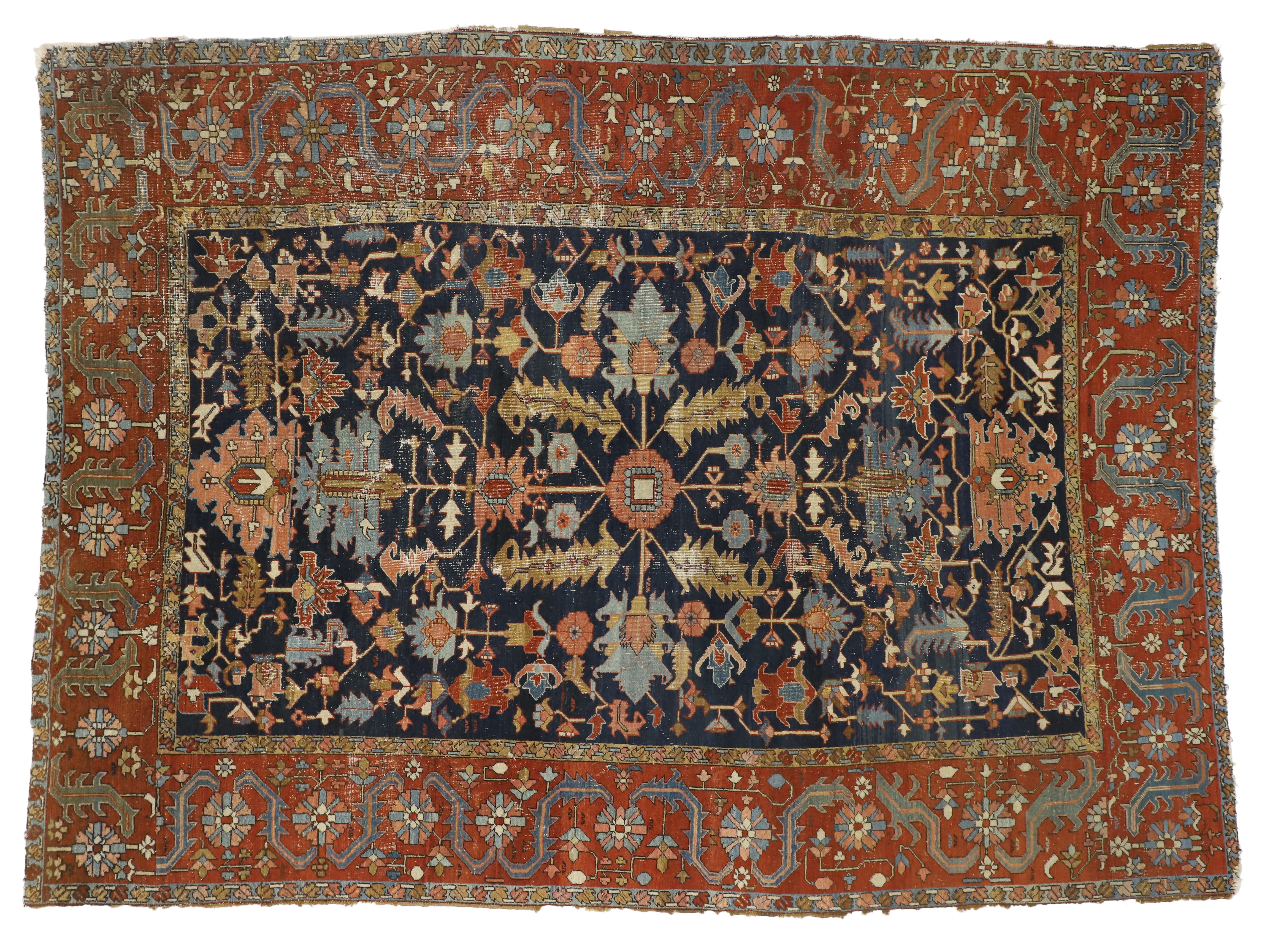 Distressed Antique Persian All-Over Serapi Rug with Rustic Downton Abbey Style For Sale 1