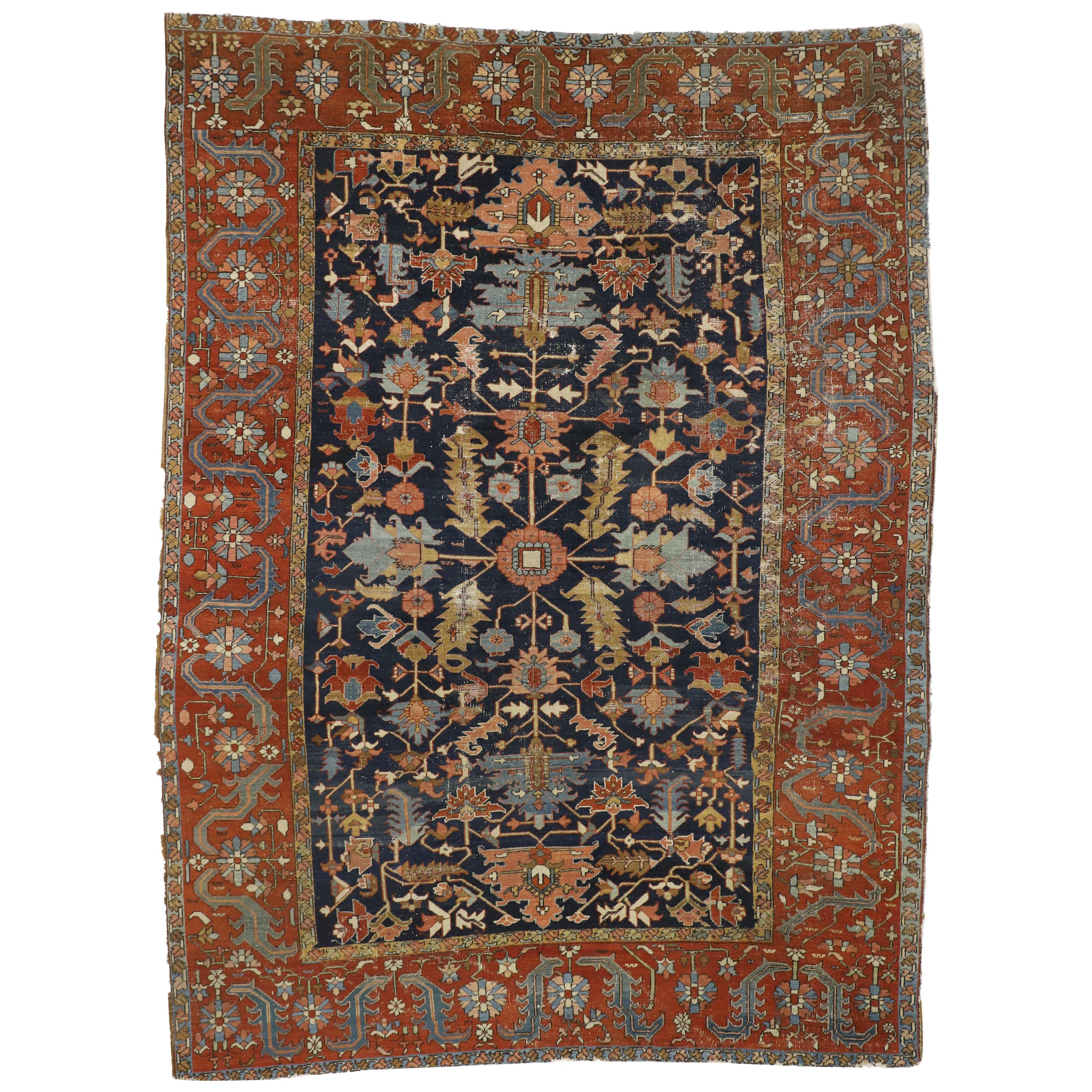 Distressed Antique Persian All-Over Serapi Rug with Rustic Downton Abbey Style For Sale