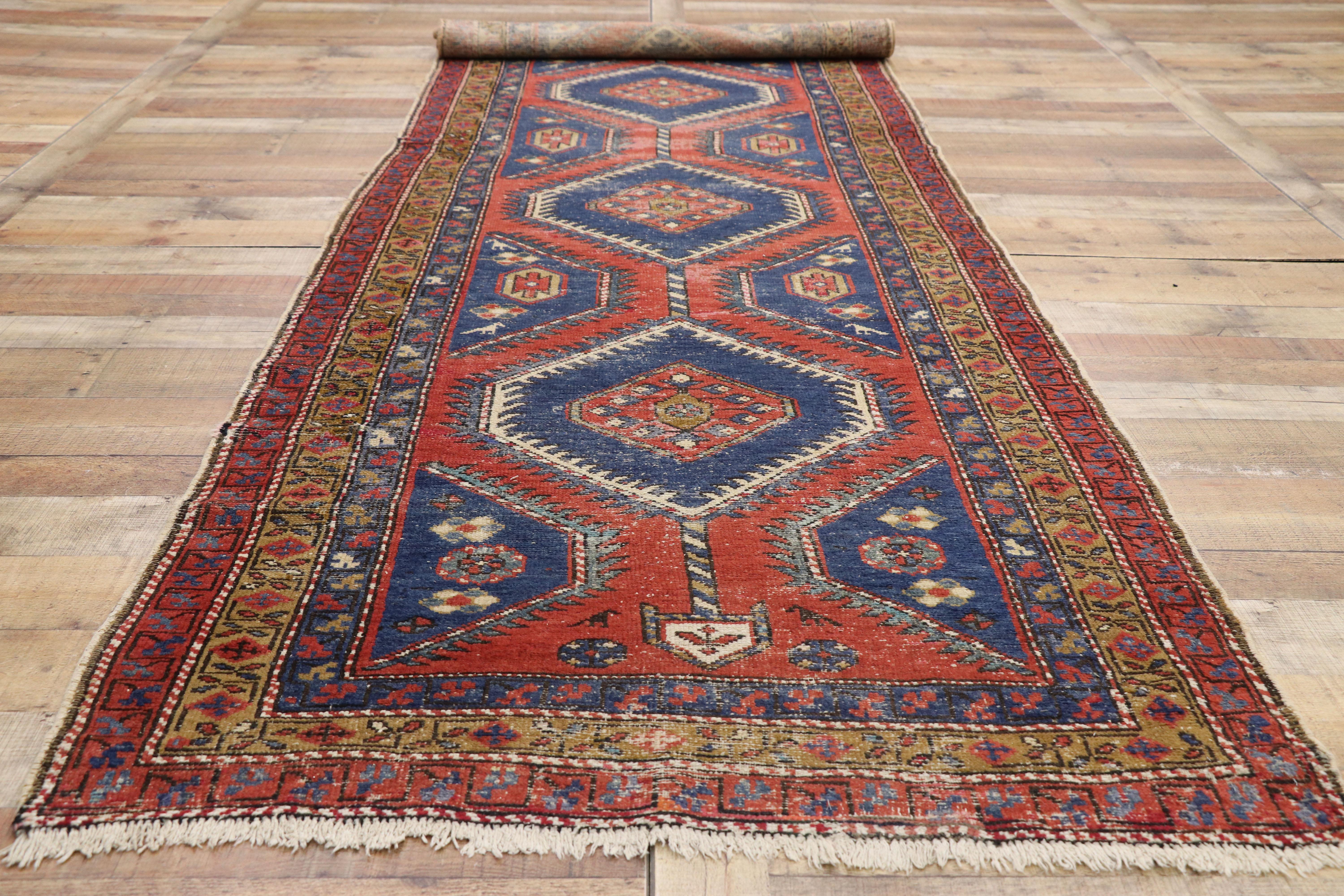Wool Distressed Antique Persian Azerbaijan Runner with Industrial Tribal Style For Sale