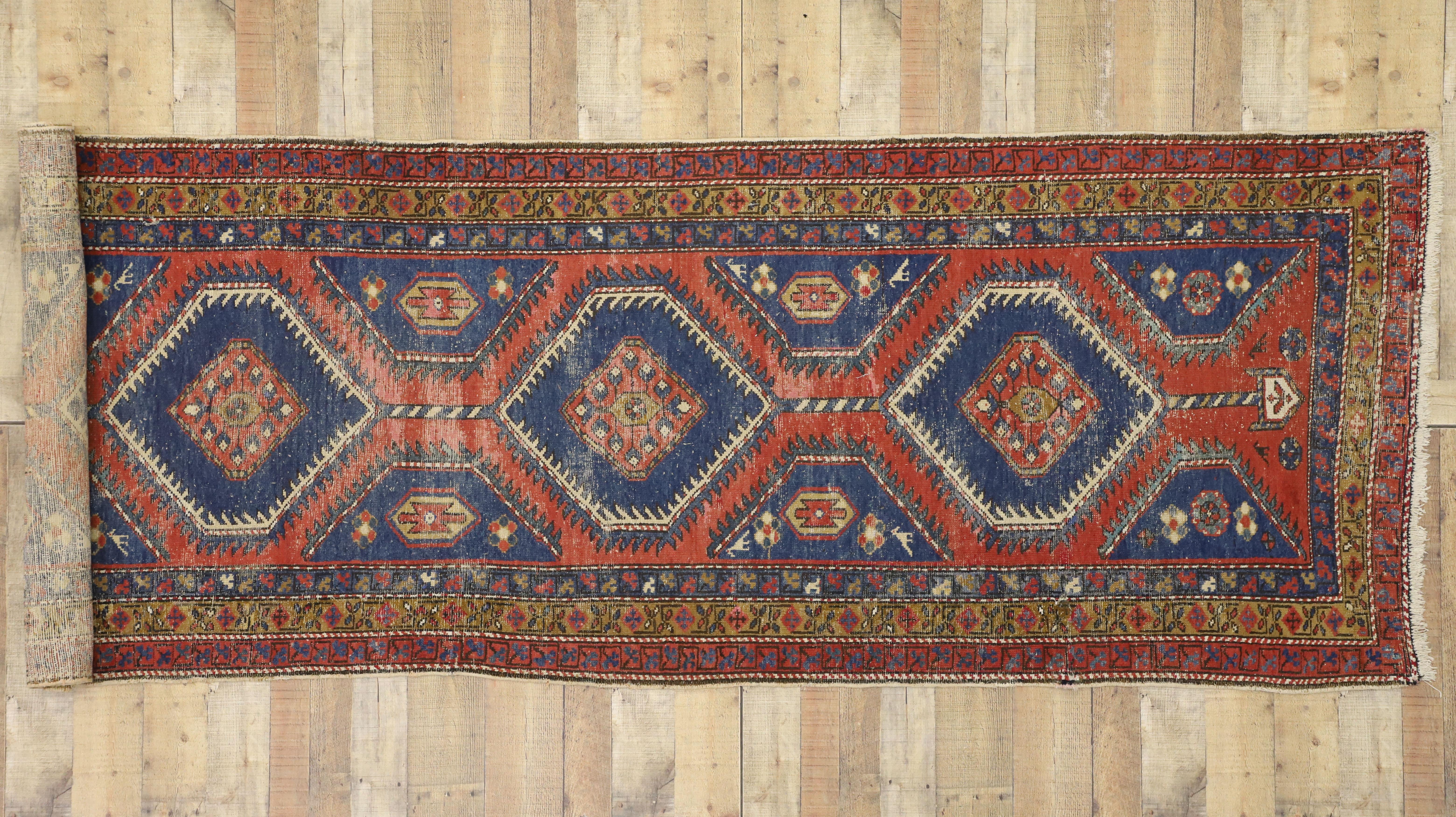 Distressed Antique Persian Azerbaijan Runner with Industrial Tribal Style For Sale 1
