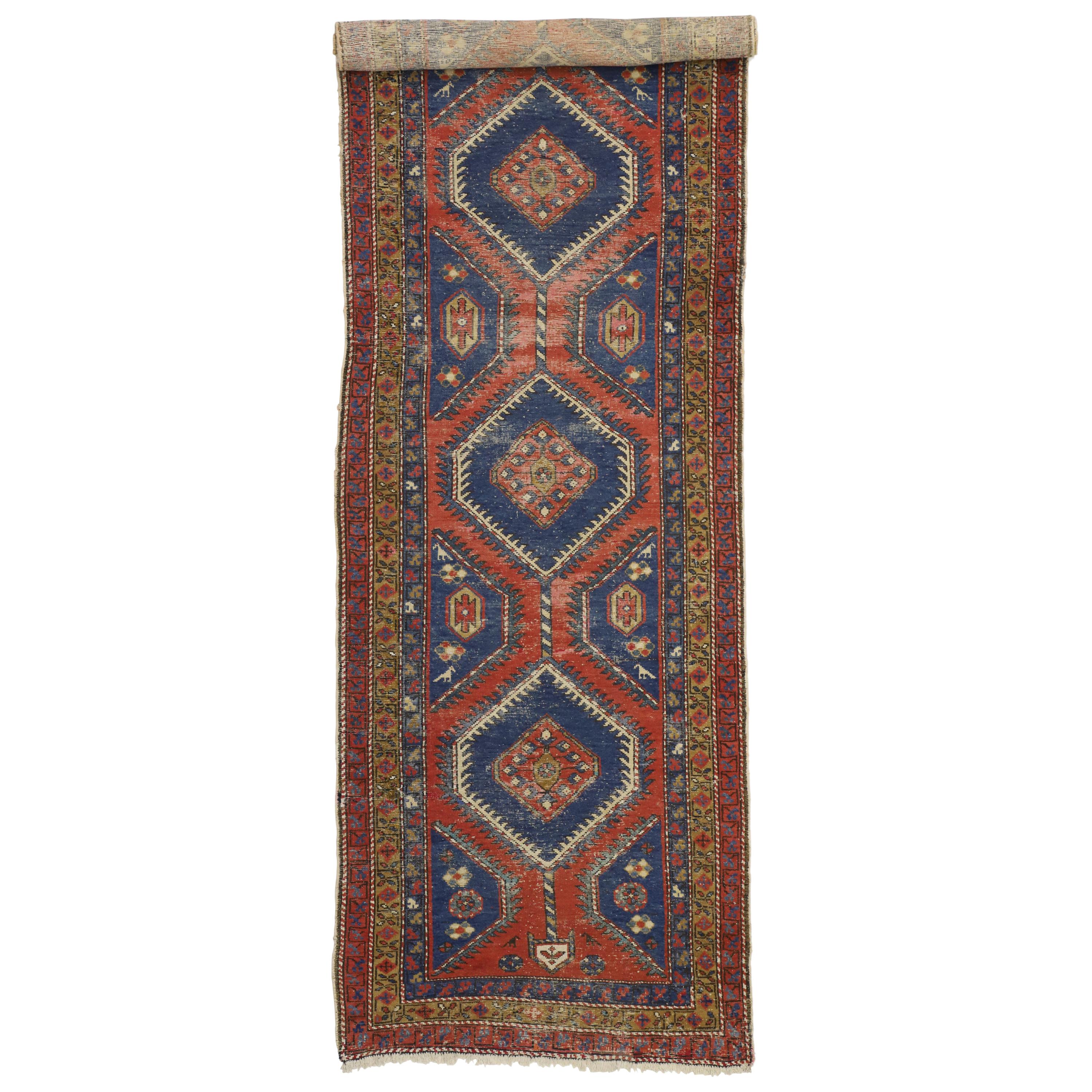 Distressed Antique Persian Azerbaijan Runner with Industrial Tribal Style For Sale