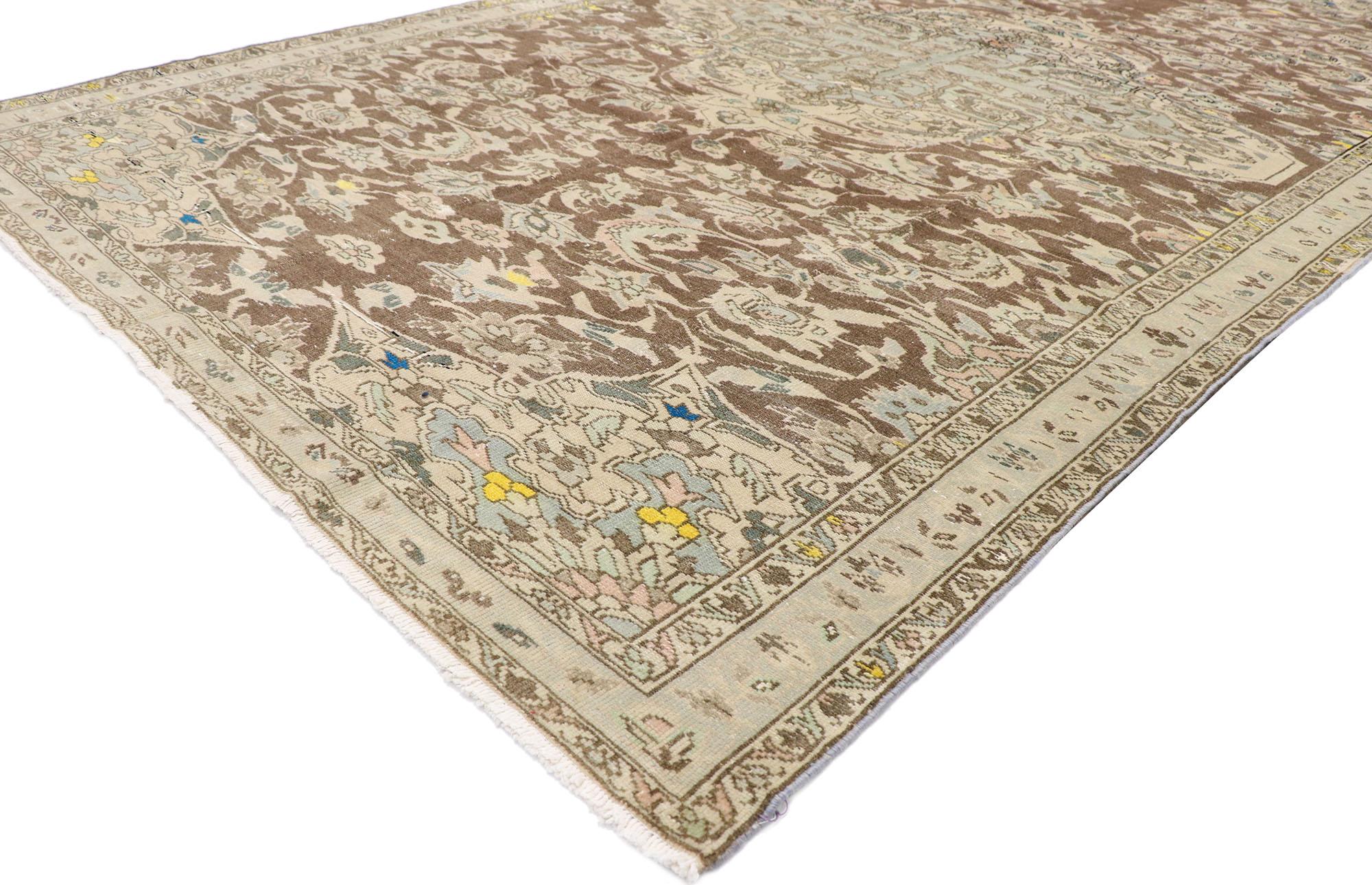 60858 distressed antique Persian bakhtiari gallery rug with Farmhouse Cottage Style. Effortless beauty and romantic connotations meet soft, bespoke vibes with a farmhouse cottage style in this hand knotted wool distressed antique Persian Bakhtiari