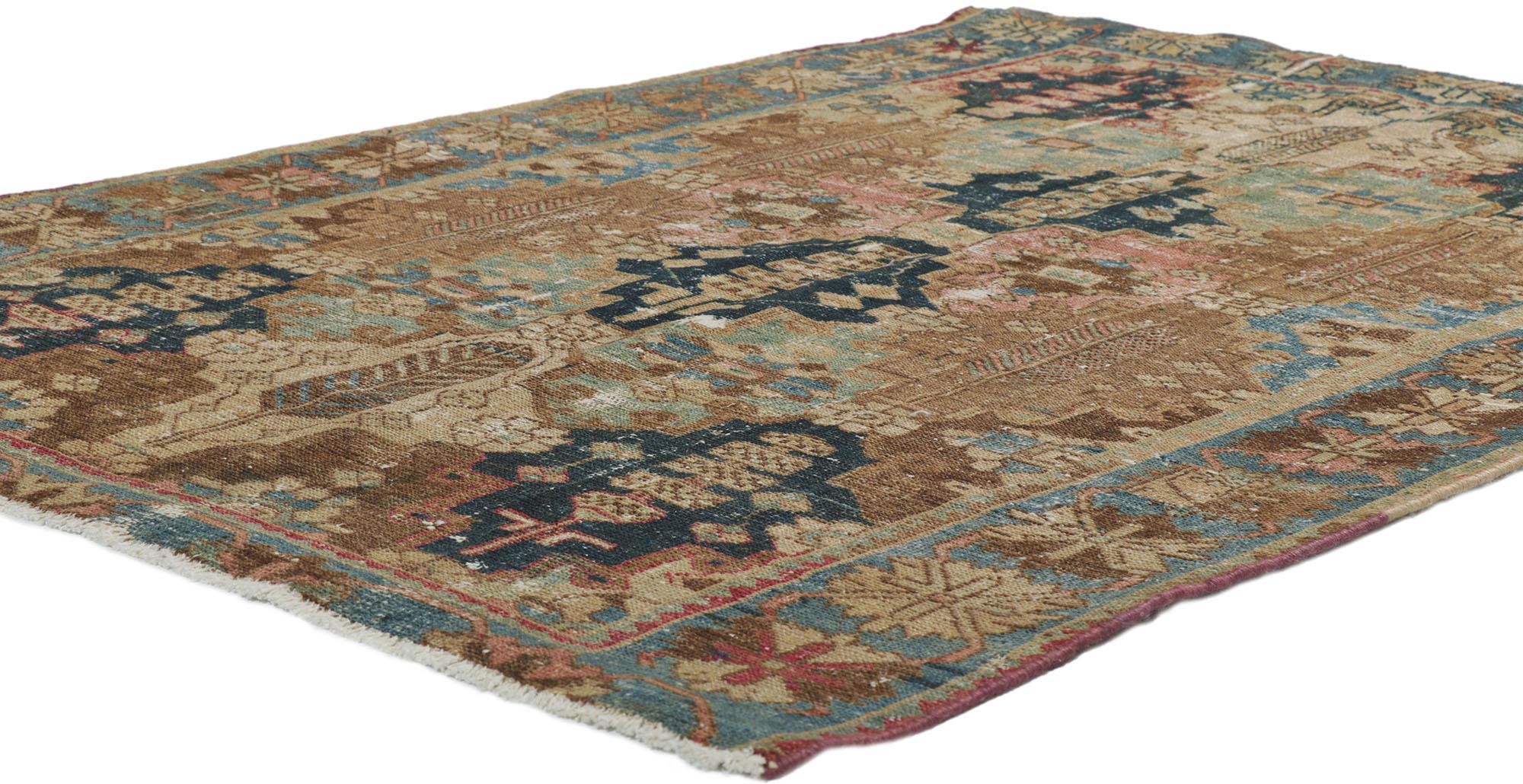60980 Distressed Antique Persian Bakhtiari Rug 04'03 x 05'09. With its rustic sensibility and timeless botanical pattern, this hand-knotted wool distressed antique Persian Bakhtiari rug will take on a curated lived-in look that feels timeless while