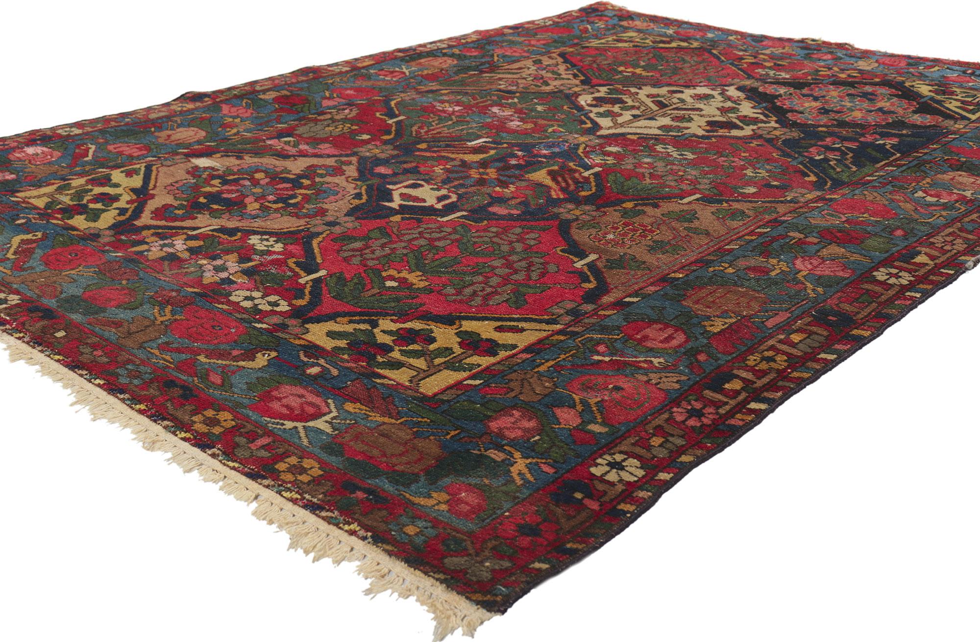 78416 Antique Persian Bakhtiari rug, 04'08 x 06'05.
With its classic four seasons panel design, incredible detail and texture, this hand-knotted wool antique Persian Bakhtiari rug is poised to impress. The eye-catching botanical pattern and