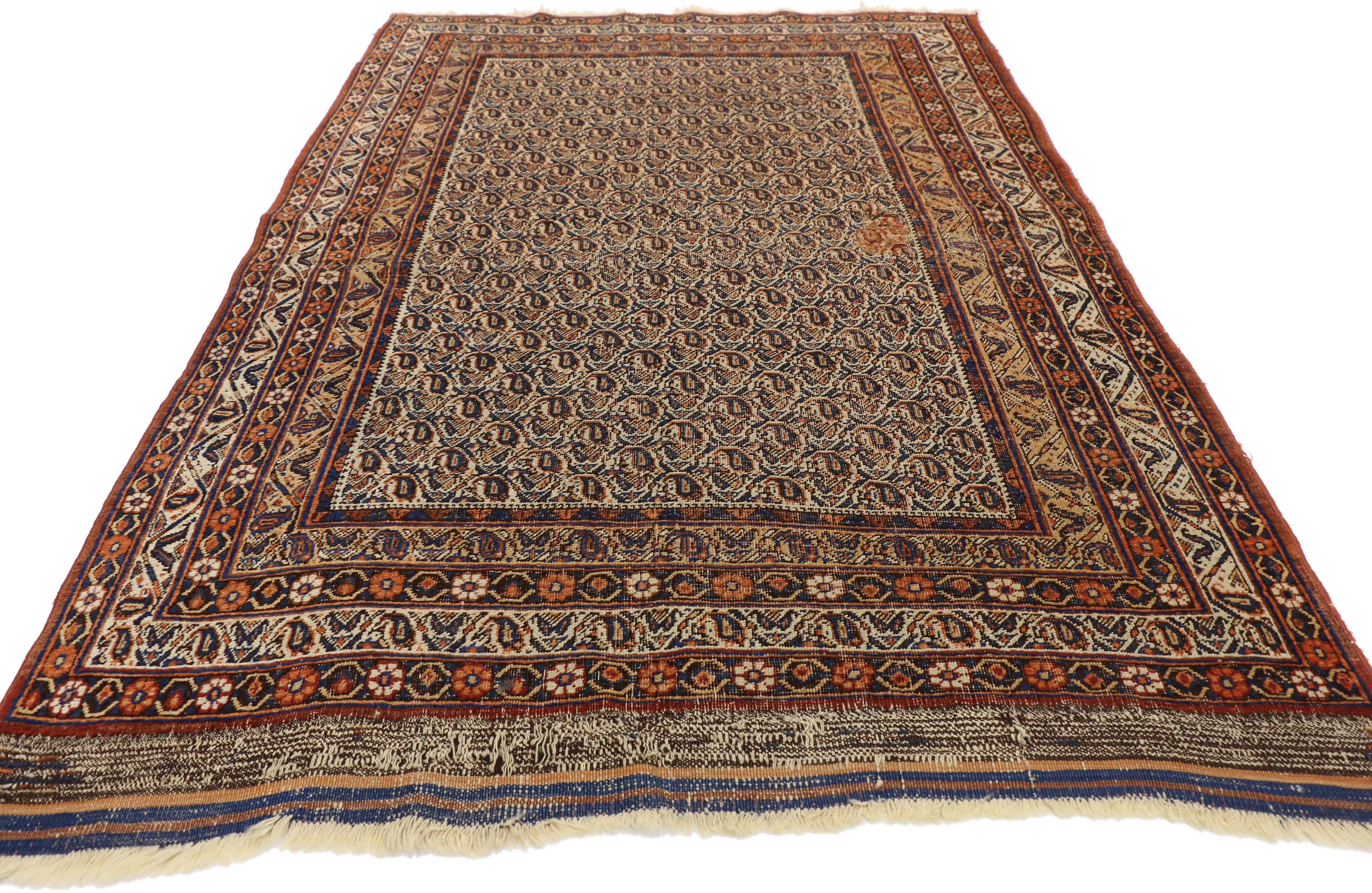 Hand-Knotted Distressed Antique Persian Bijar Accent Rug with Rustic Craftsman Style For Sale
