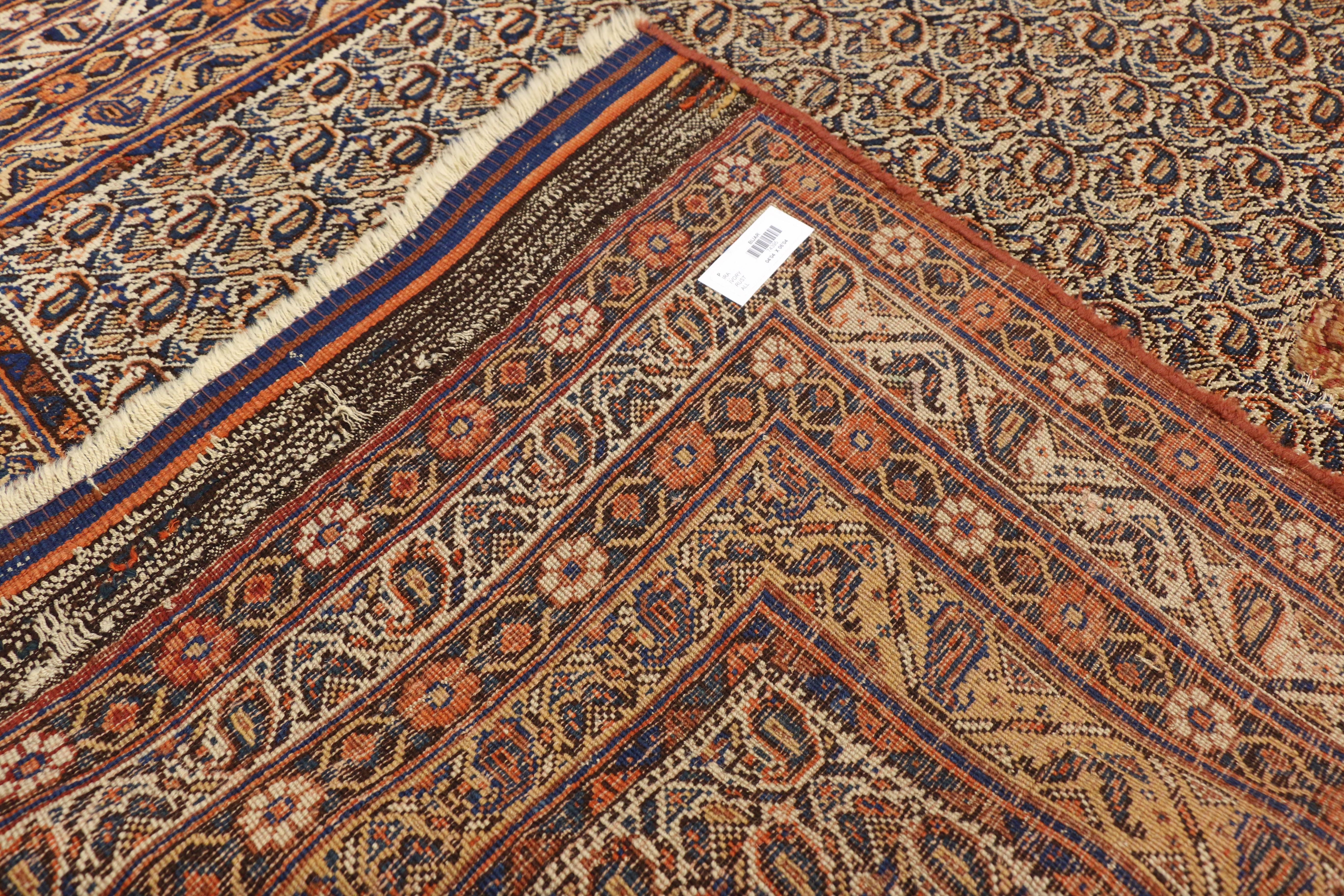 19th Century Distressed Antique Persian Bijar Accent Rug with Rustic Craftsman Style For Sale