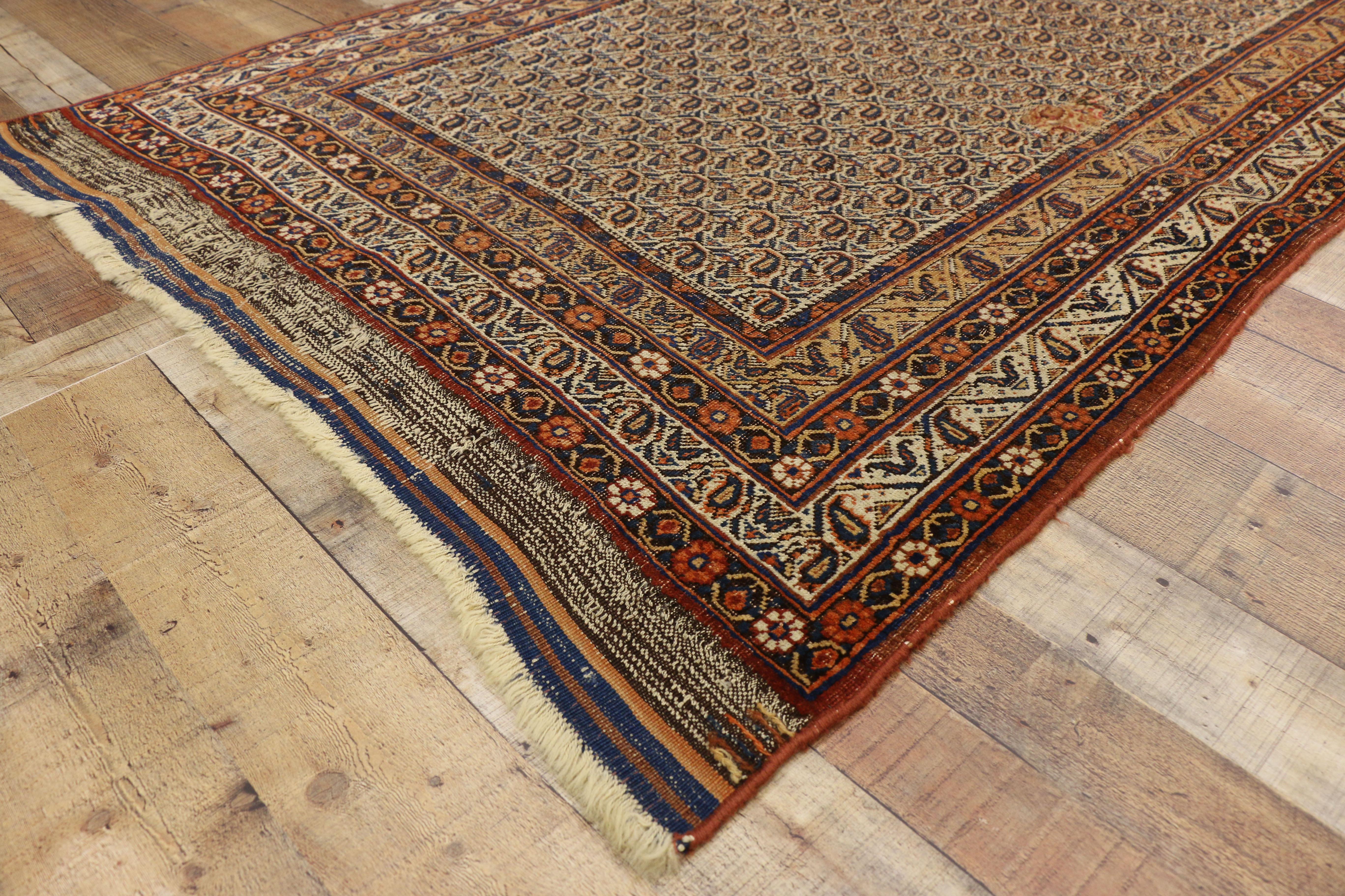 Wool Distressed Antique Persian Bijar Accent Rug with Rustic Craftsman Style For Sale