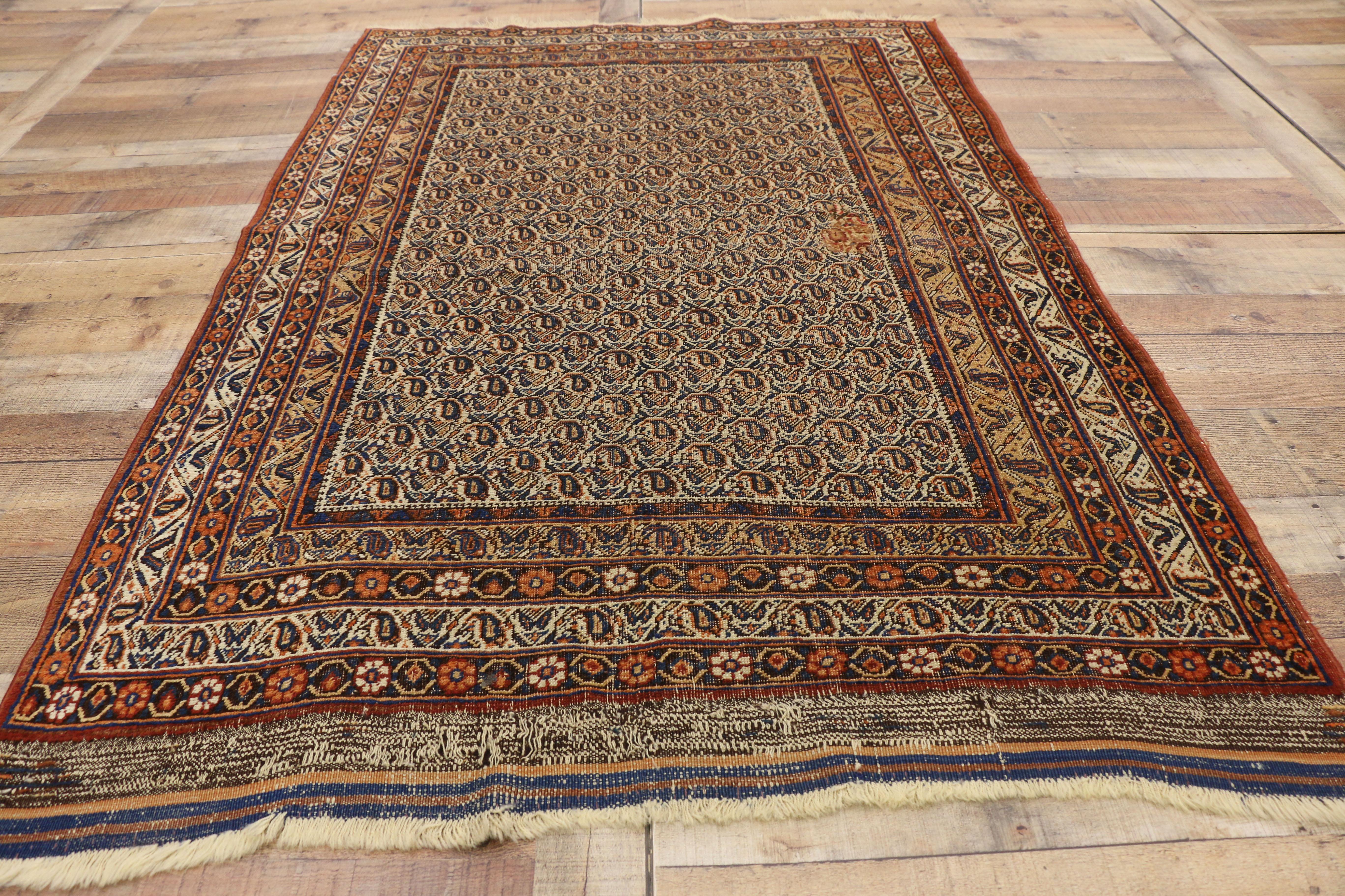 Distressed Antique Persian Bijar Accent Rug with Rustic Craftsman Style For Sale 1