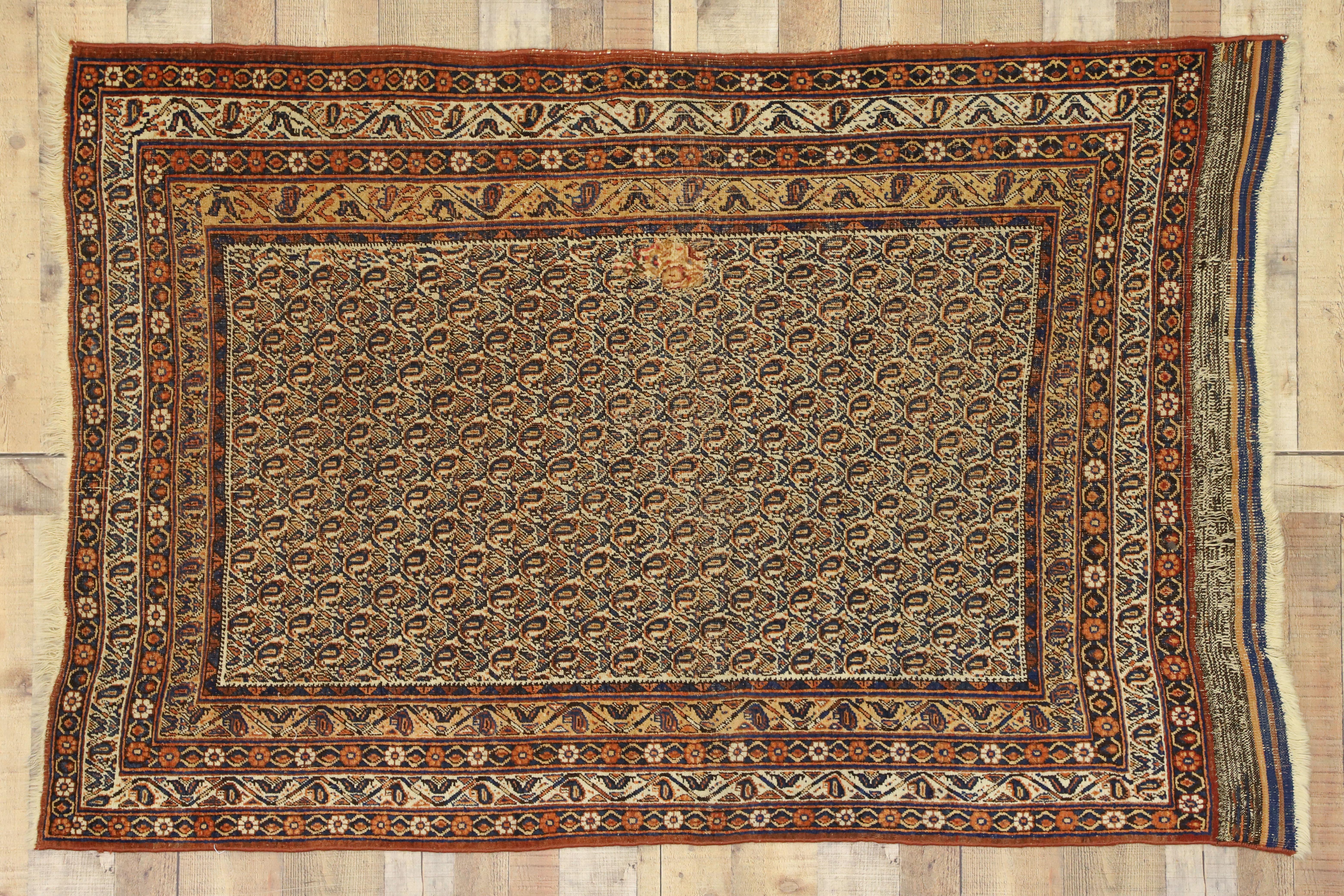 Distressed Antique Persian Bijar Accent Rug with Rustic Craftsman Style For Sale 2