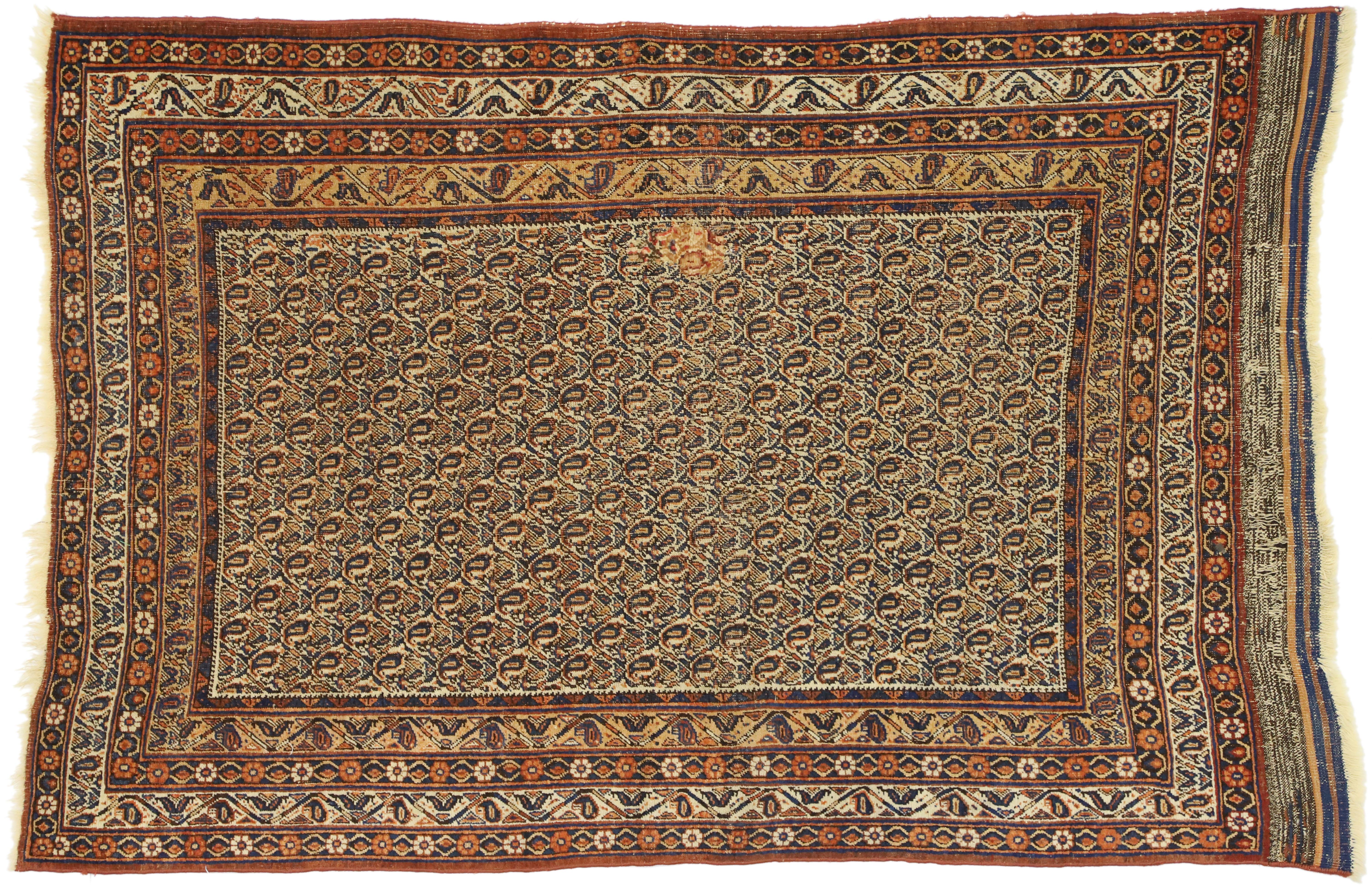 Distressed Antique Persian Bijar Accent Rug with Rustic Craftsman Style For Sale 3