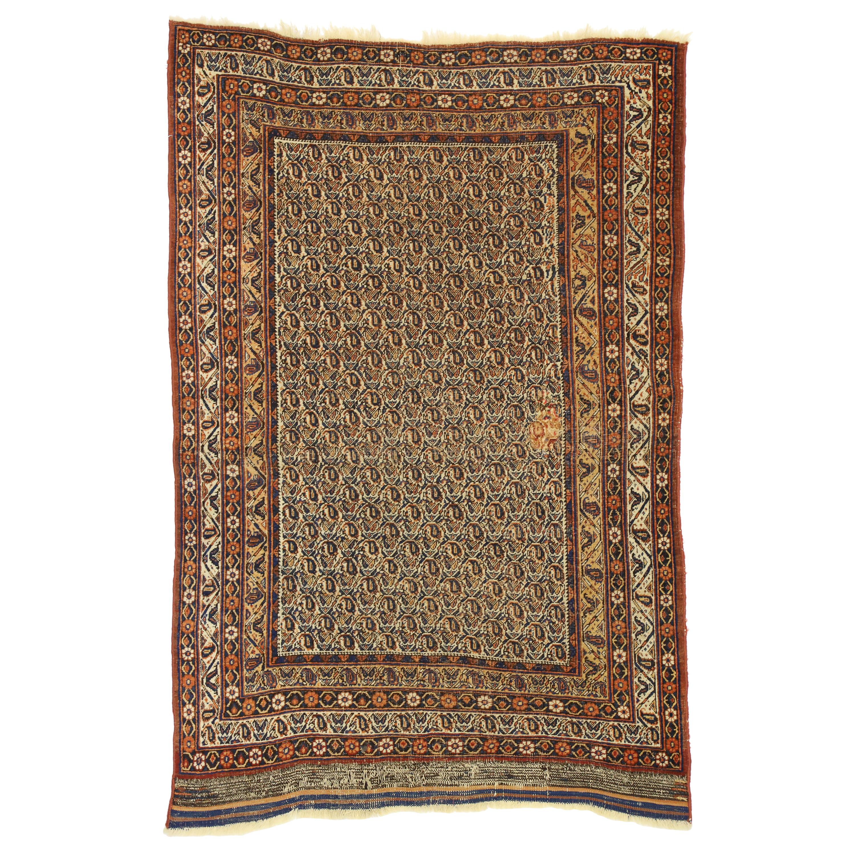 Distressed Antique Persian Bijar Accent Rug with Rustic Craftsman Style For Sale