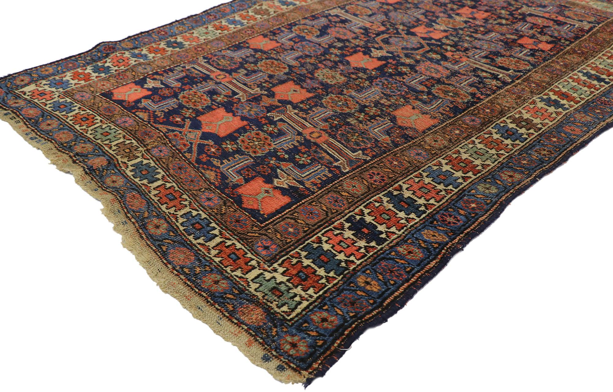 77611, distressed antique Persian Bijar rug with modern rustic tribal style 03'10 x 05'09. With timeless appeal and perfectly worn-in charm with rustic sensibility, this hand-knotted wool distressed antique Persian Bijar rug is a captivating vision