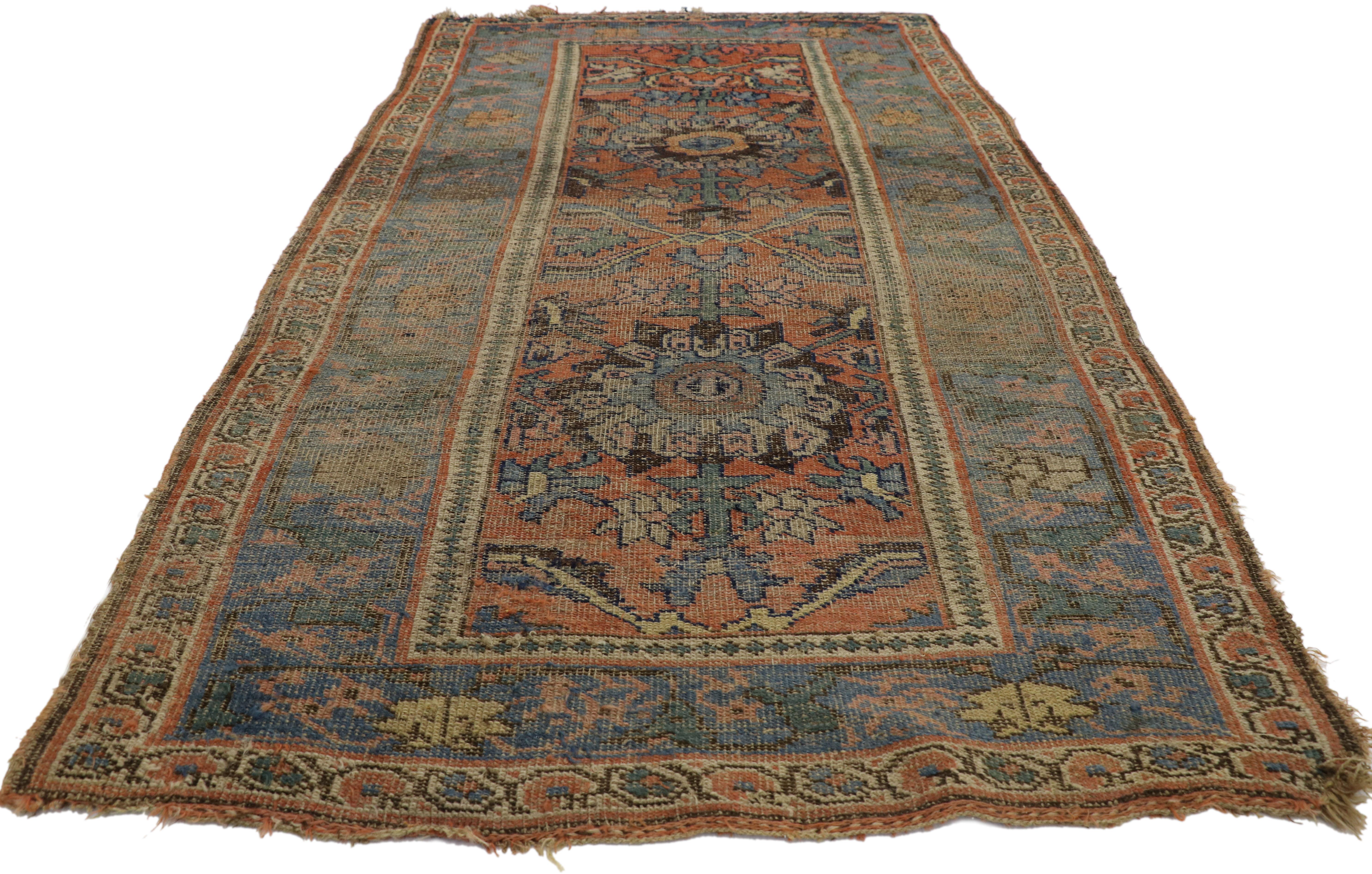 Hand-Knotted Distressed Antique Persian Bijar Rug with Rustic Belgian Arts & Crafts Style For Sale