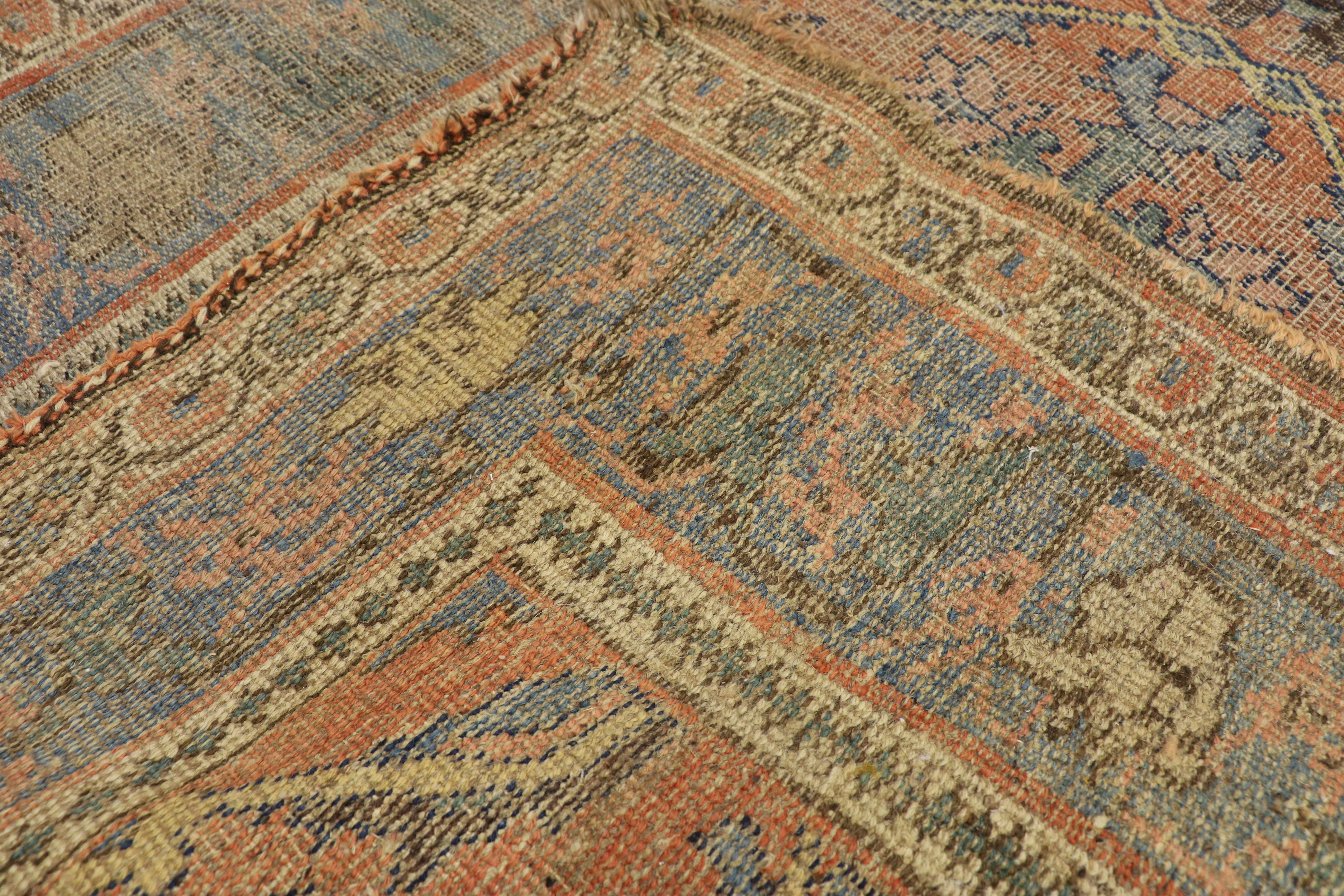 19th Century Distressed Antique Persian Bijar Rug with Rustic Belgian Arts & Crafts Style For Sale