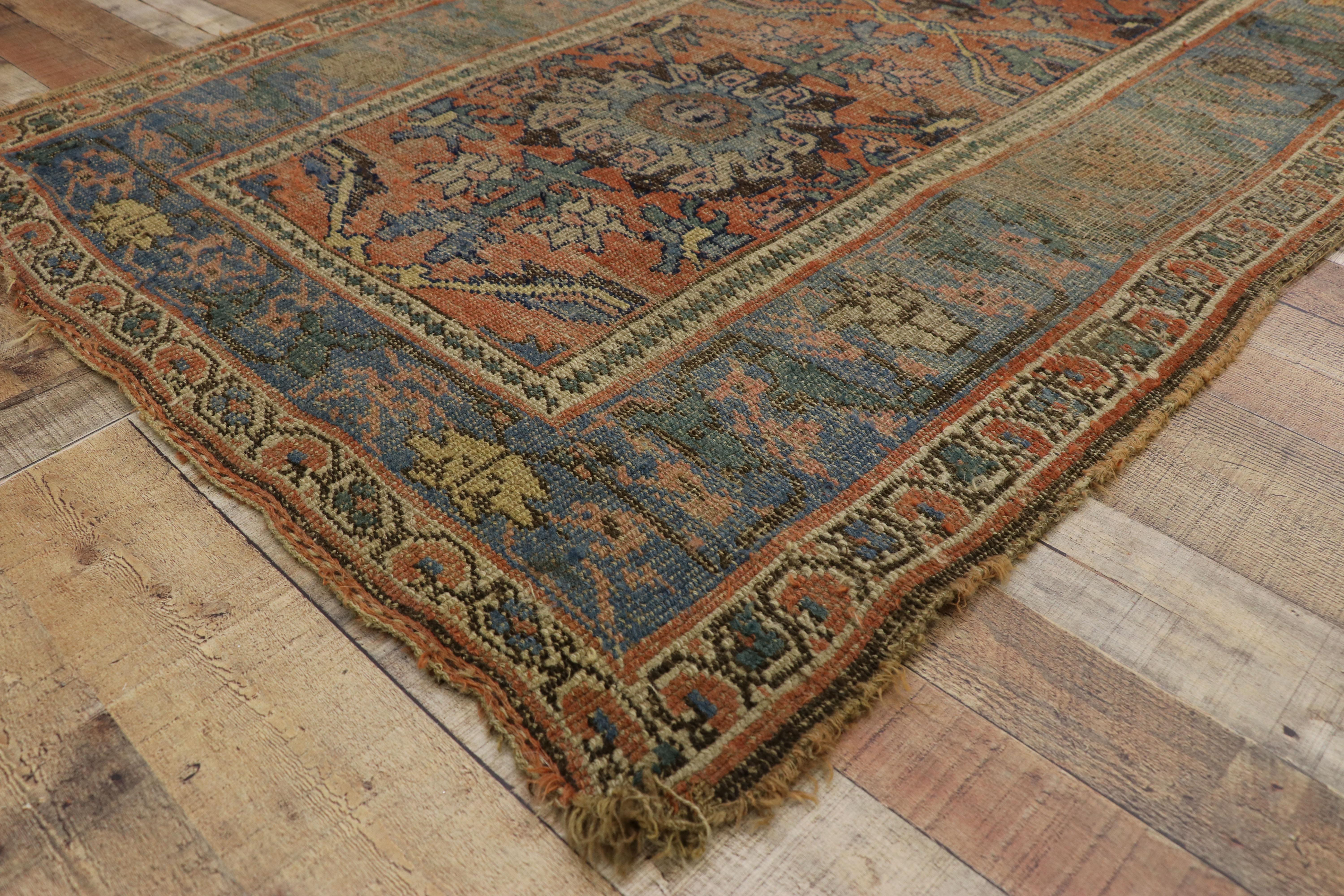 Distressed Antique Persian Bijar Rug with Rustic Belgian Arts & Crafts Style For Sale 1