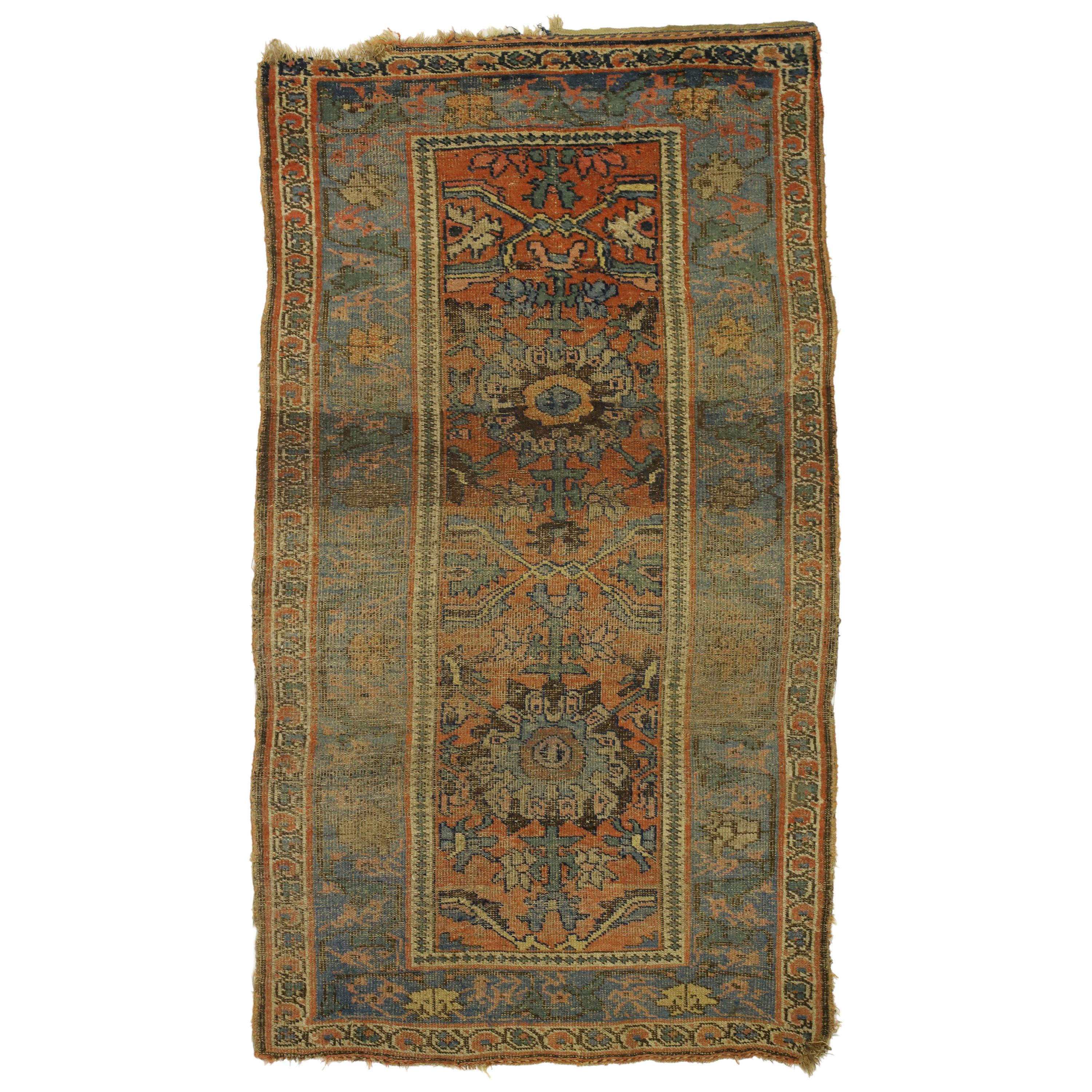 Distressed Antique Persian Bijar Rug with Rustic Belgian Arts & Crafts Style For Sale