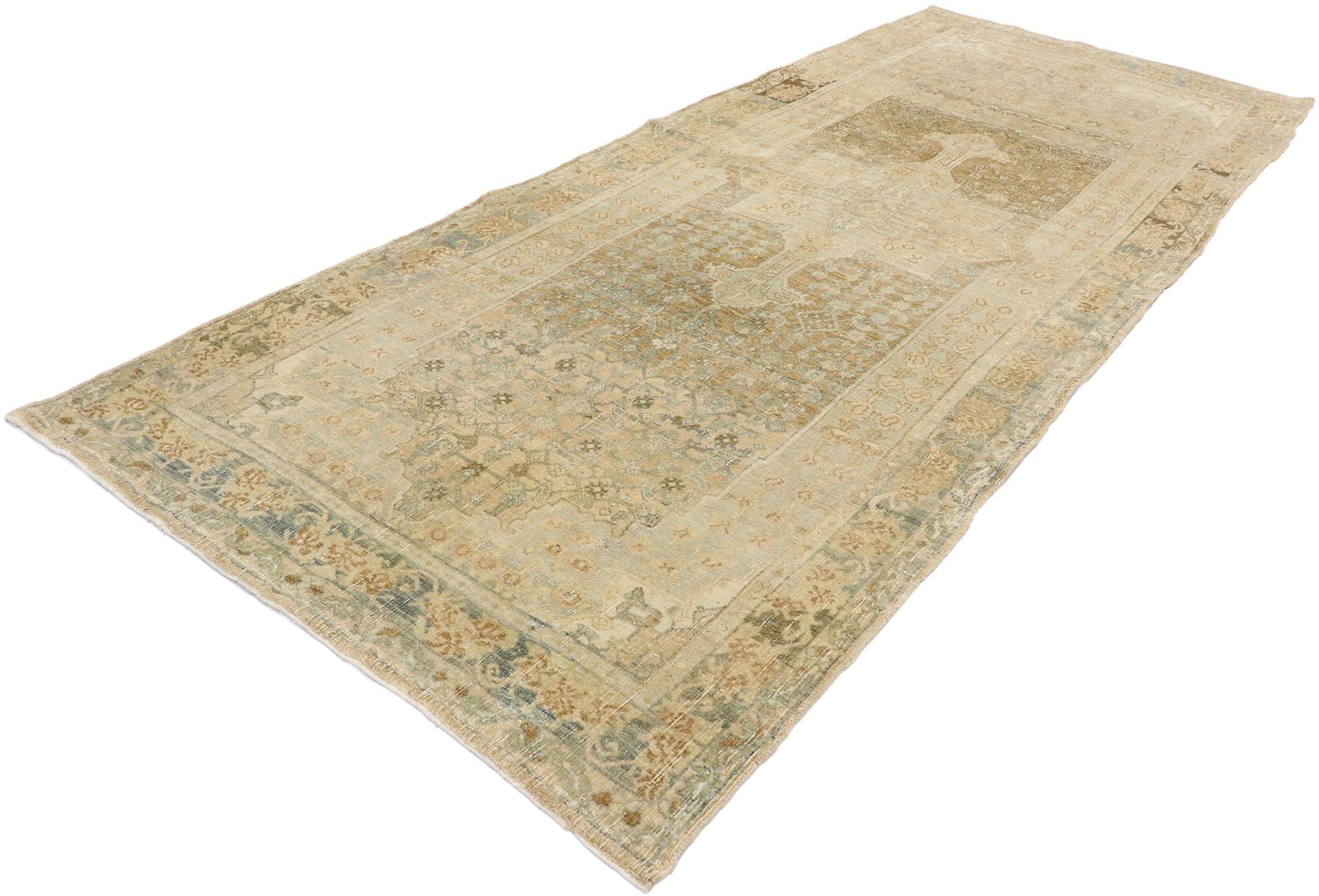 53242, distressed antique Persian Bijar runner with modern rustic shaker style. Warm and inviting with rustic sensibility, this hand knotted wool distressed antique Persian Bijar runner beautifully embodies a modern shaker style. The lovingly