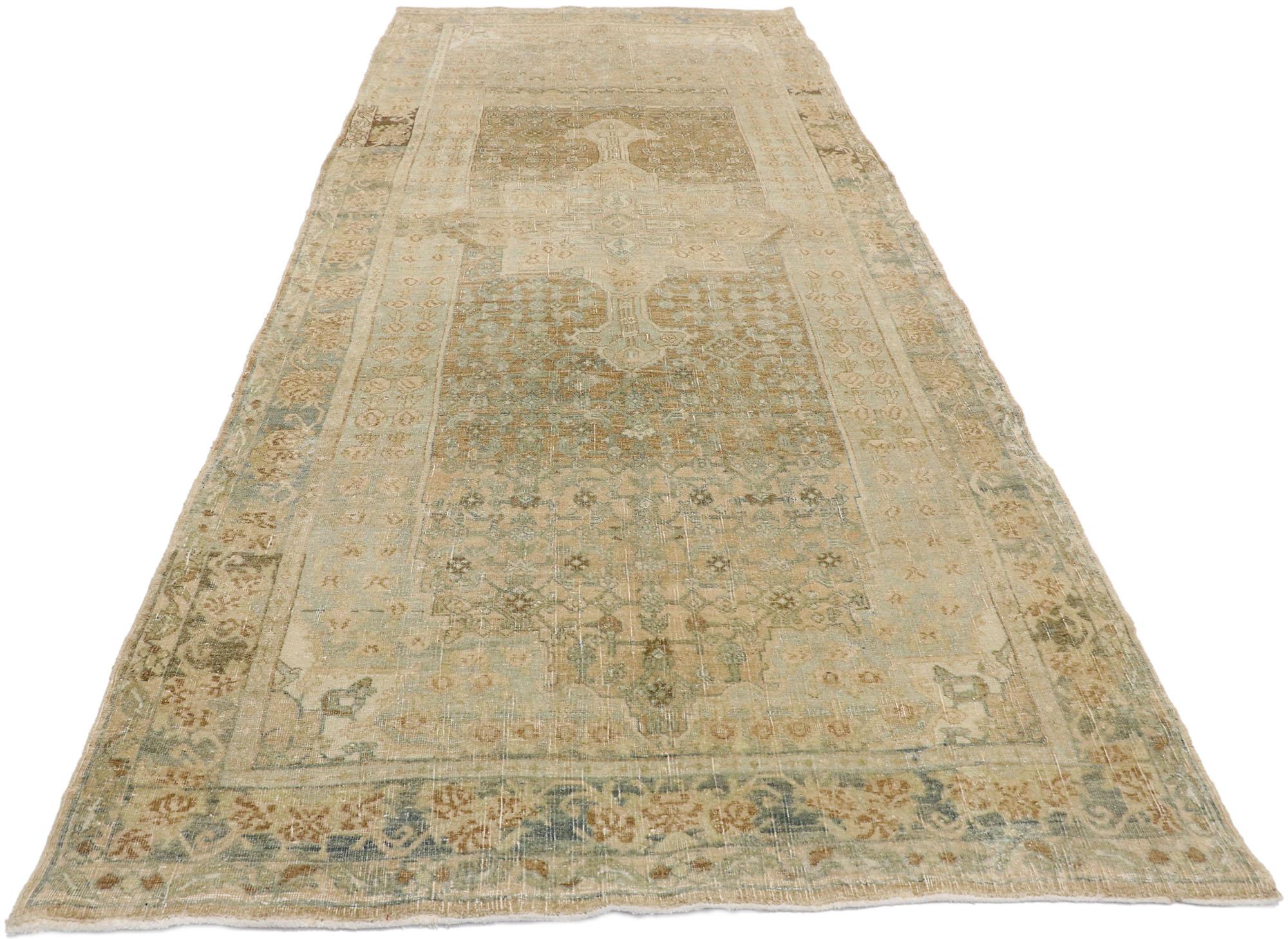 Hand-Knotted Distressed Antique Persian Bijar Runner with Modern Rustic Shaker Style For Sale