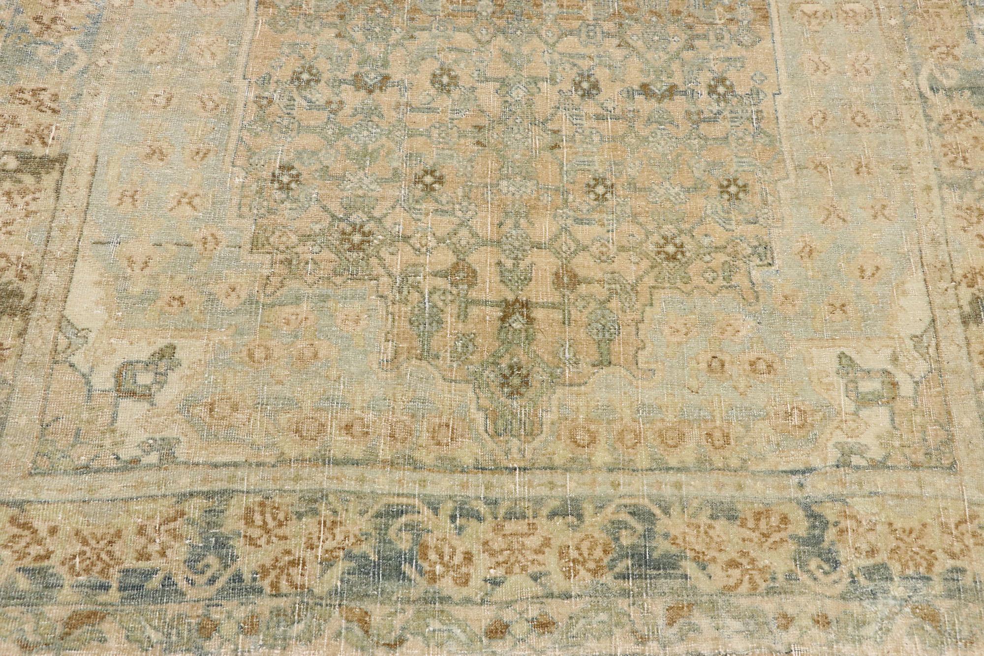 Distressed Antique Persian Bijar Runner with Modern Rustic Shaker Style In Distressed Condition For Sale In Dallas, TX