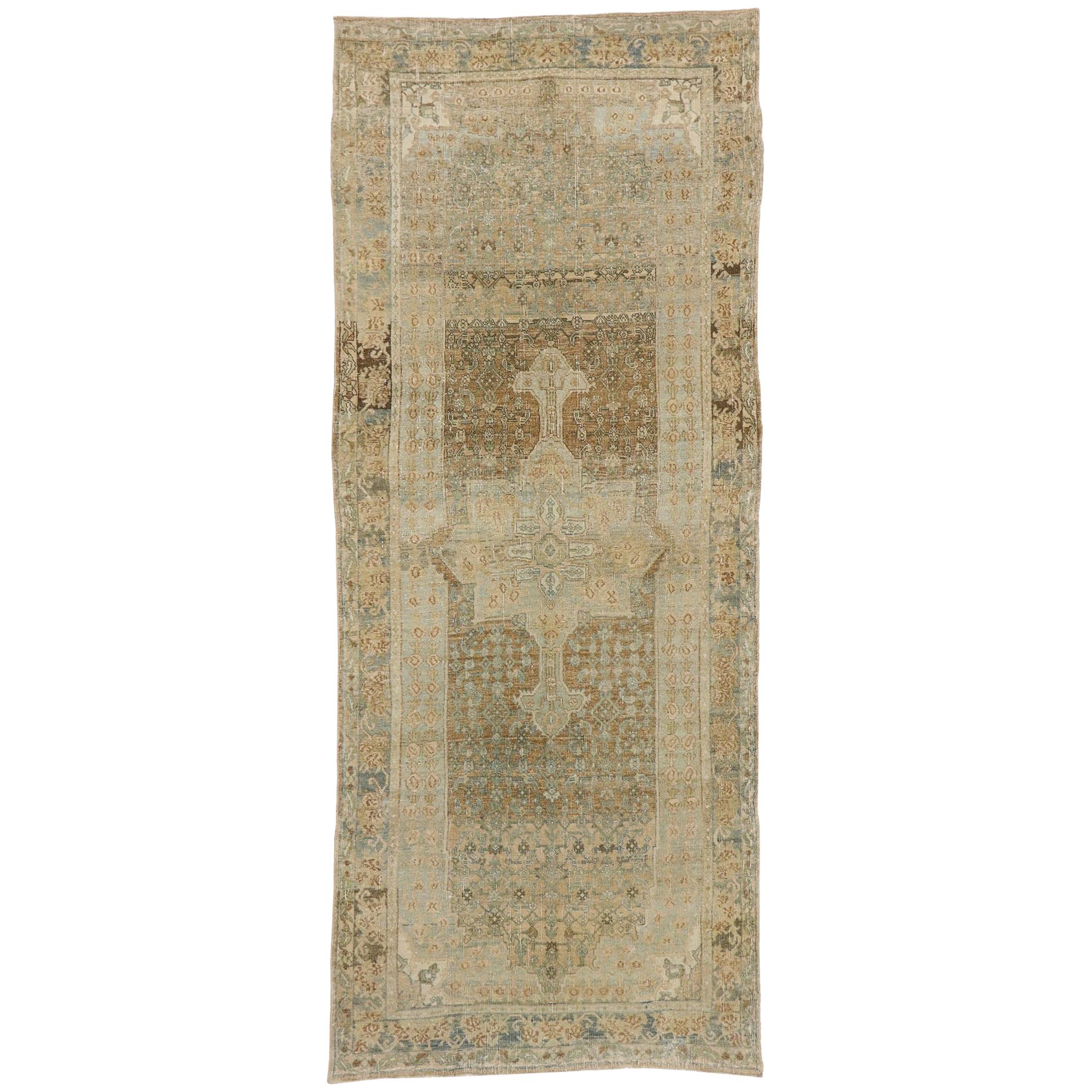 Distressed Antique Persian Bijar Runner with Modern Rustic Shaker Style For Sale