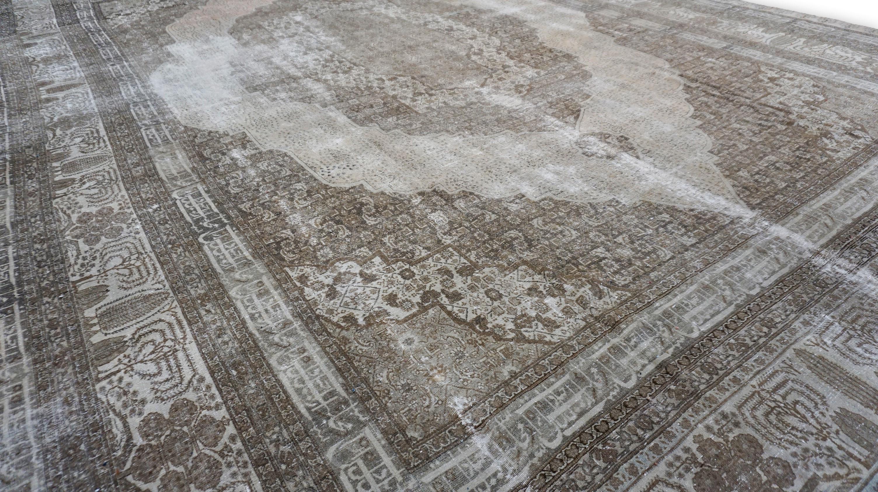 Tabriz Distressed Antique Persian Brown and Earthy Tones Rare Wool Rug 13'x19'8'' For Sale