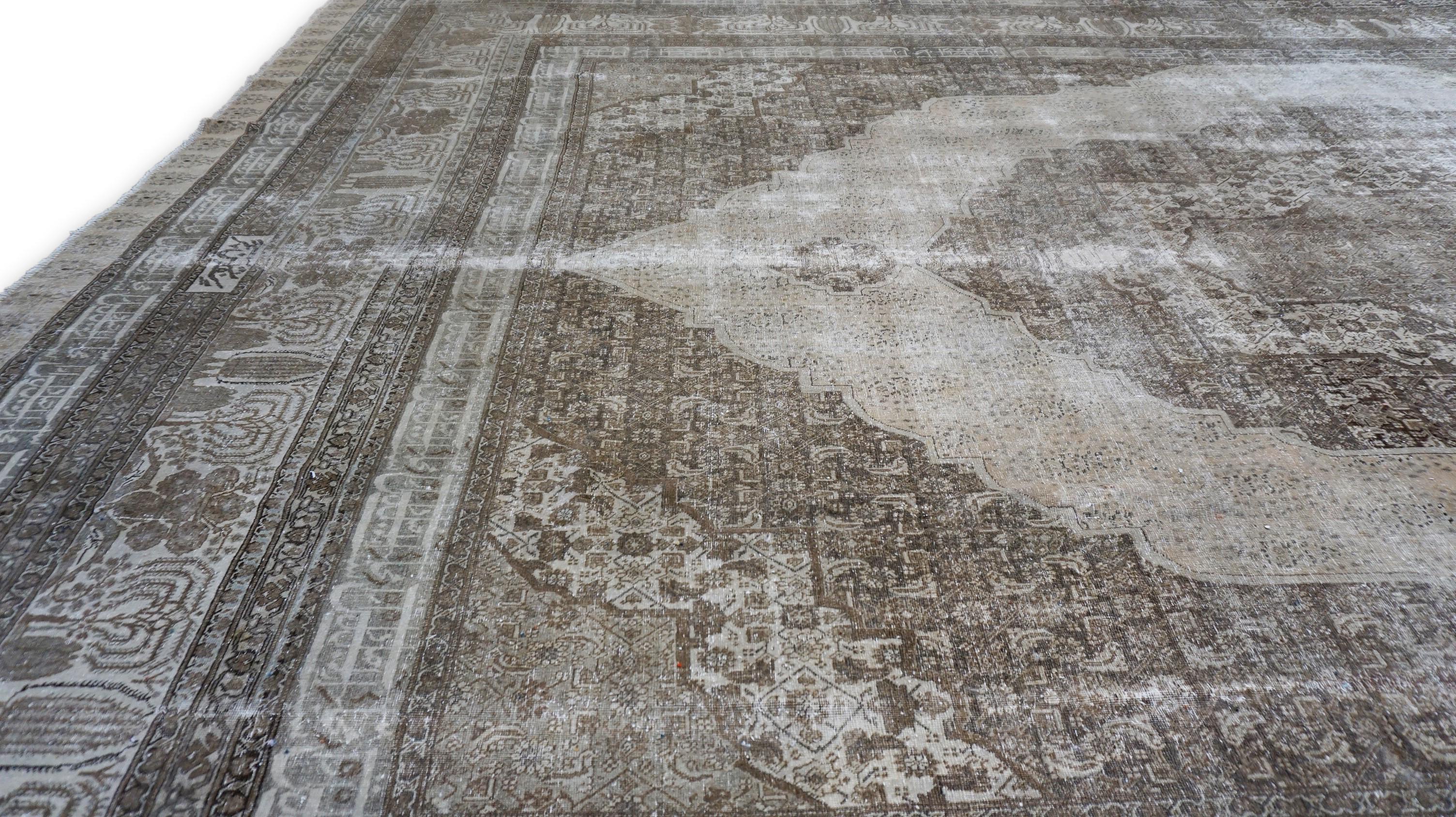 Hand-Knotted Distressed Antique Persian Brown and Earthy Tones Rare Wool Rug 13'x19'8'' For Sale