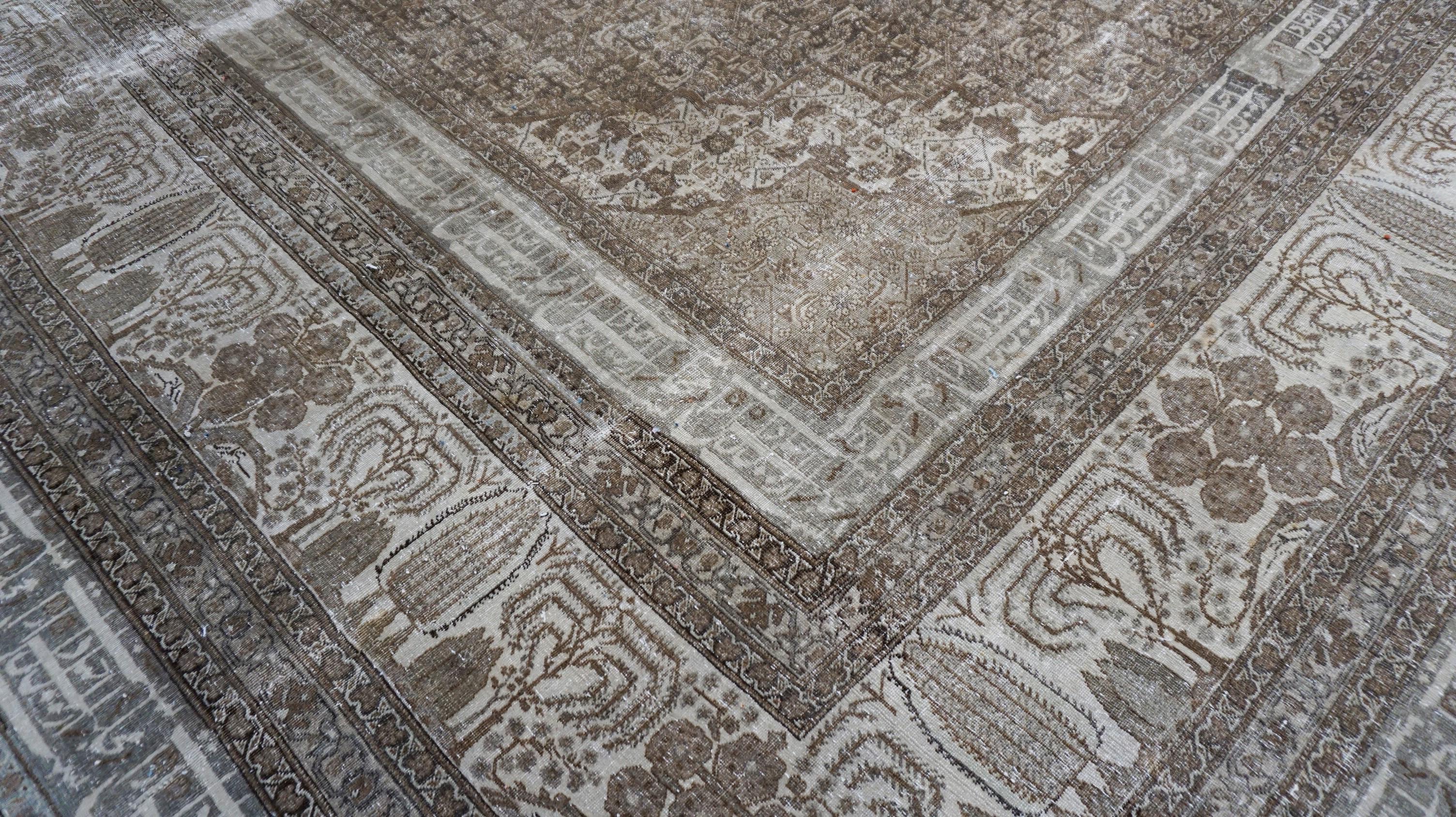 20th Century Distressed Antique Persian Brown and Earthy Tones Rare Wool Rug 13'x19'8'' For Sale