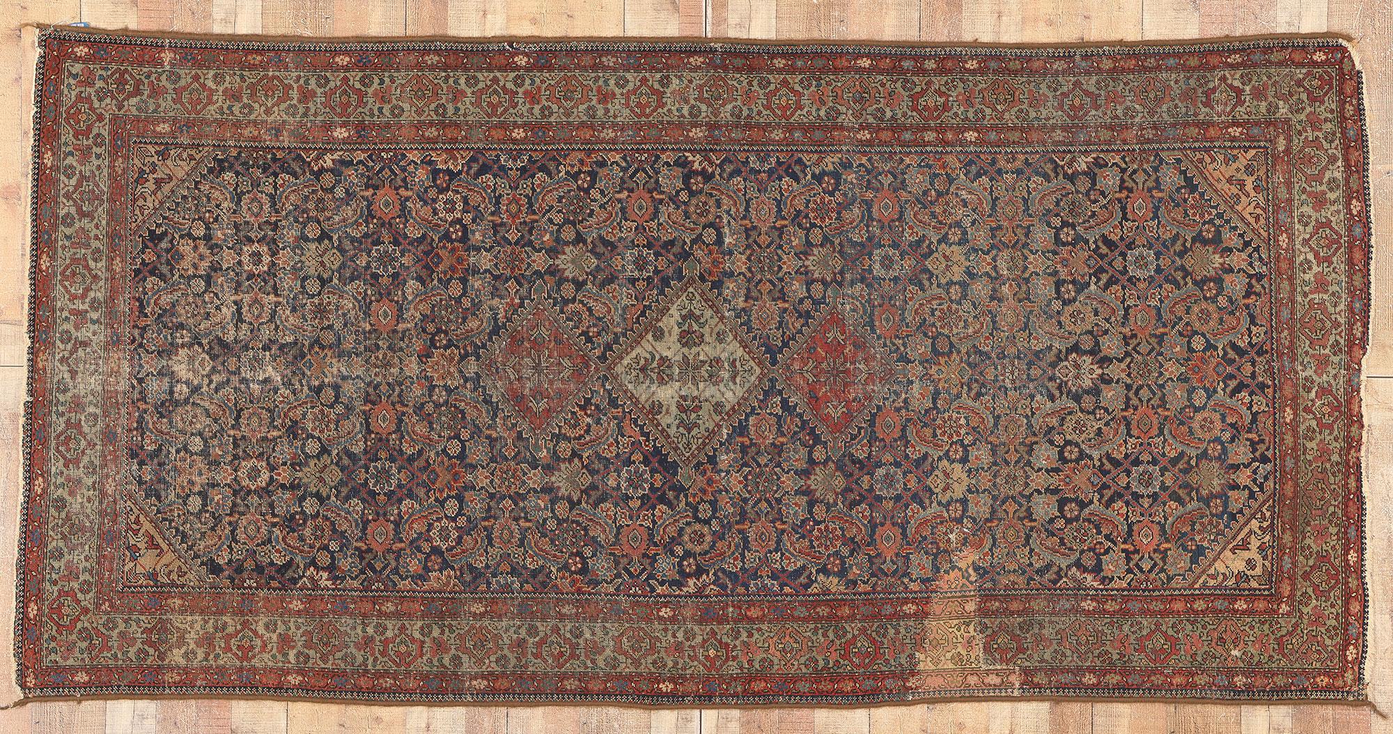 1880s Antique Persian Farahan Rug, Weathered Beauty Meets Rustic Sensibility For Sale 2