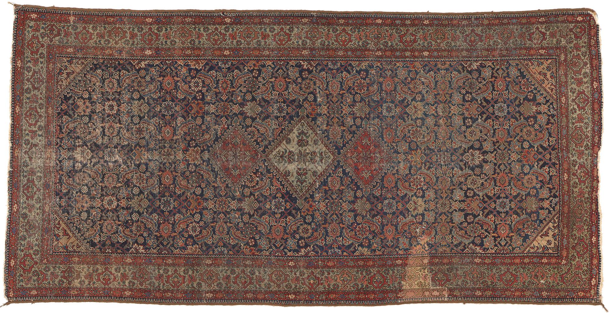 1880s Antique Persian Farahan Rug, Weathered Beauty Meets Rustic Sensibility For Sale 3