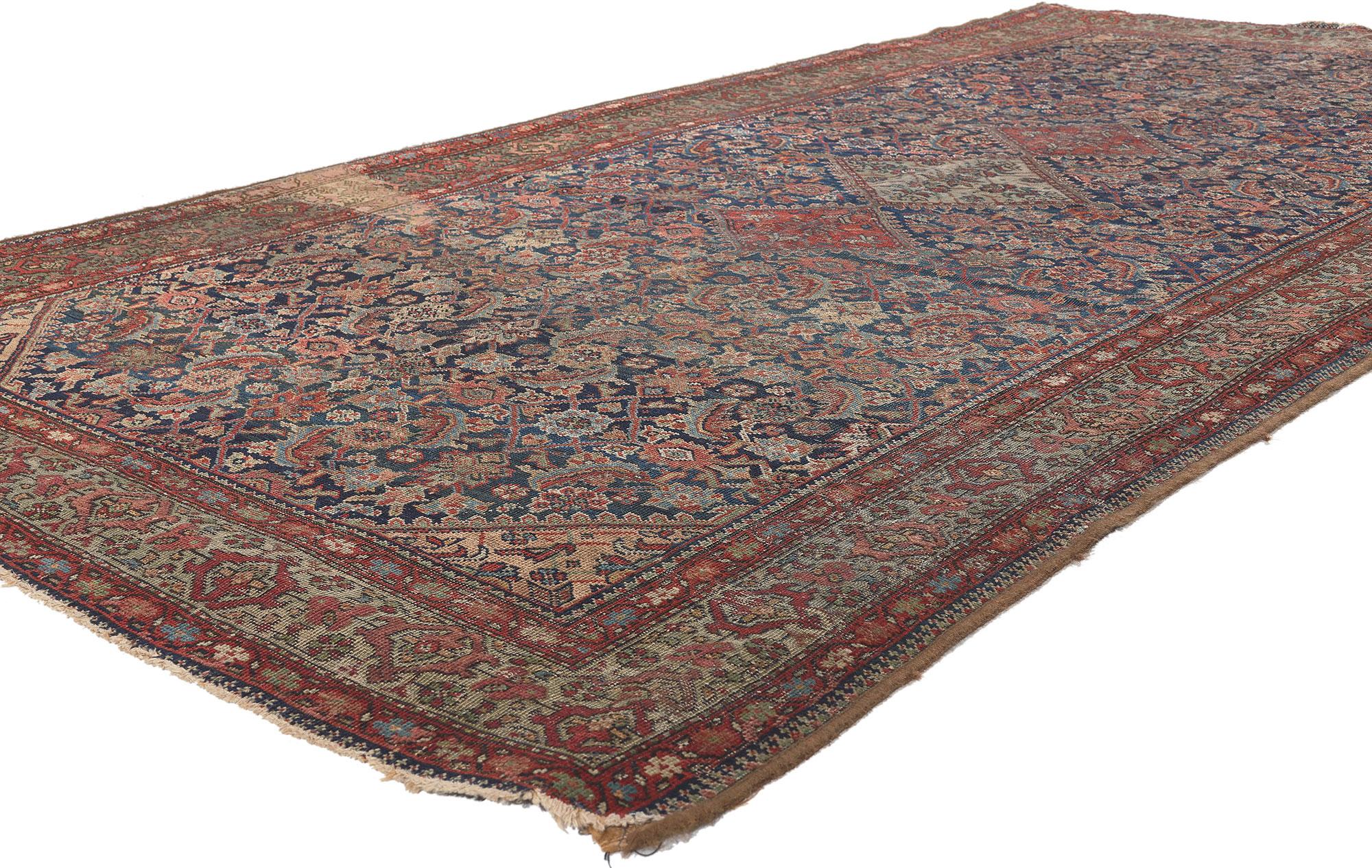 76732 Rustic Antique Persian Farahan Rug, 05'00 x 10'00.
Weathered beauty meets rustic sensibility in this antique worn Persian Farahan rug. The intrinsic Herati design and traditional colors woven into this piece work together creating a relaxed