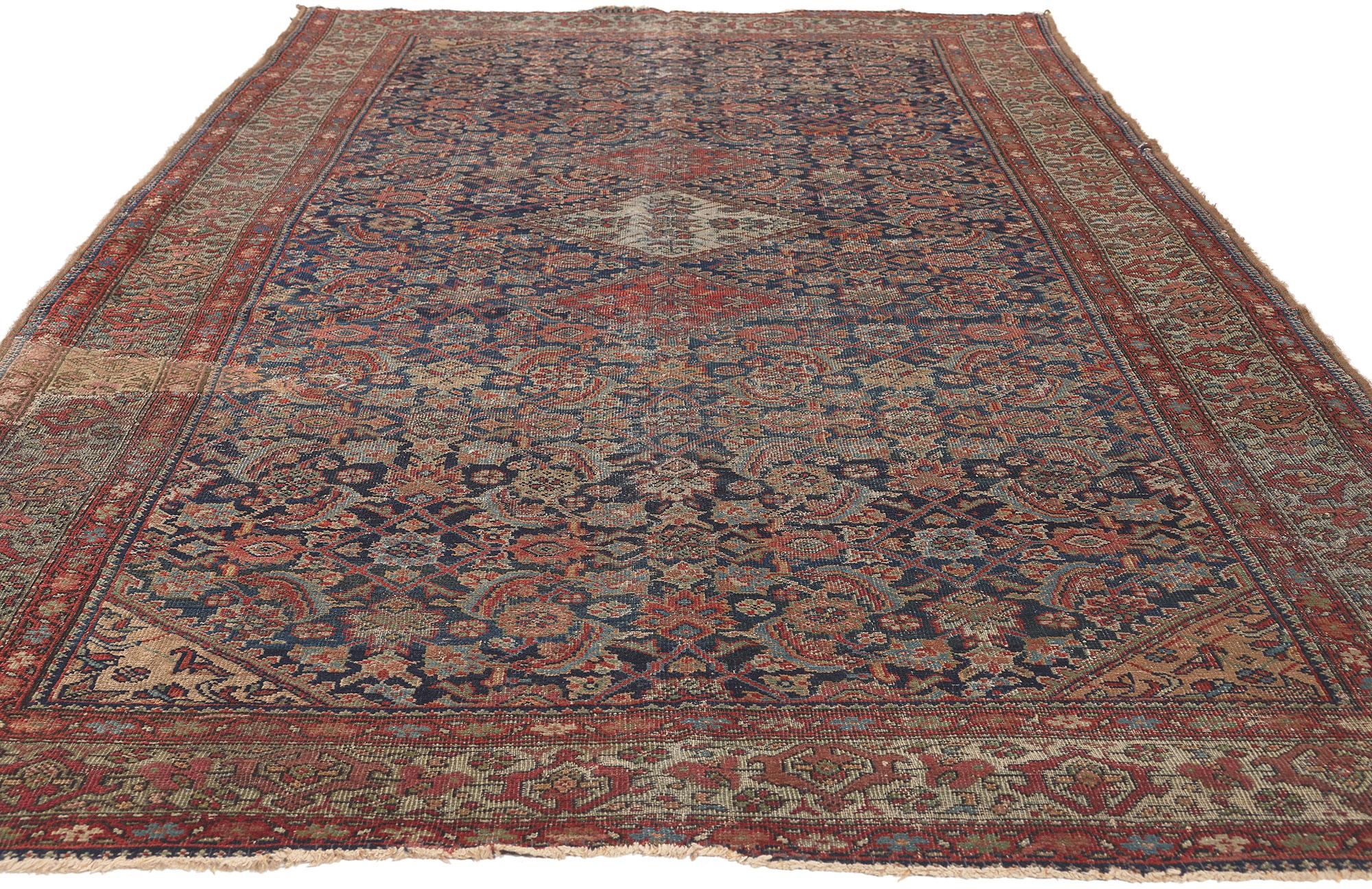 Sarouk Farahan 1880s Antique Persian Farahan Rug, Weathered Beauty Meets Rustic Sensibility For Sale