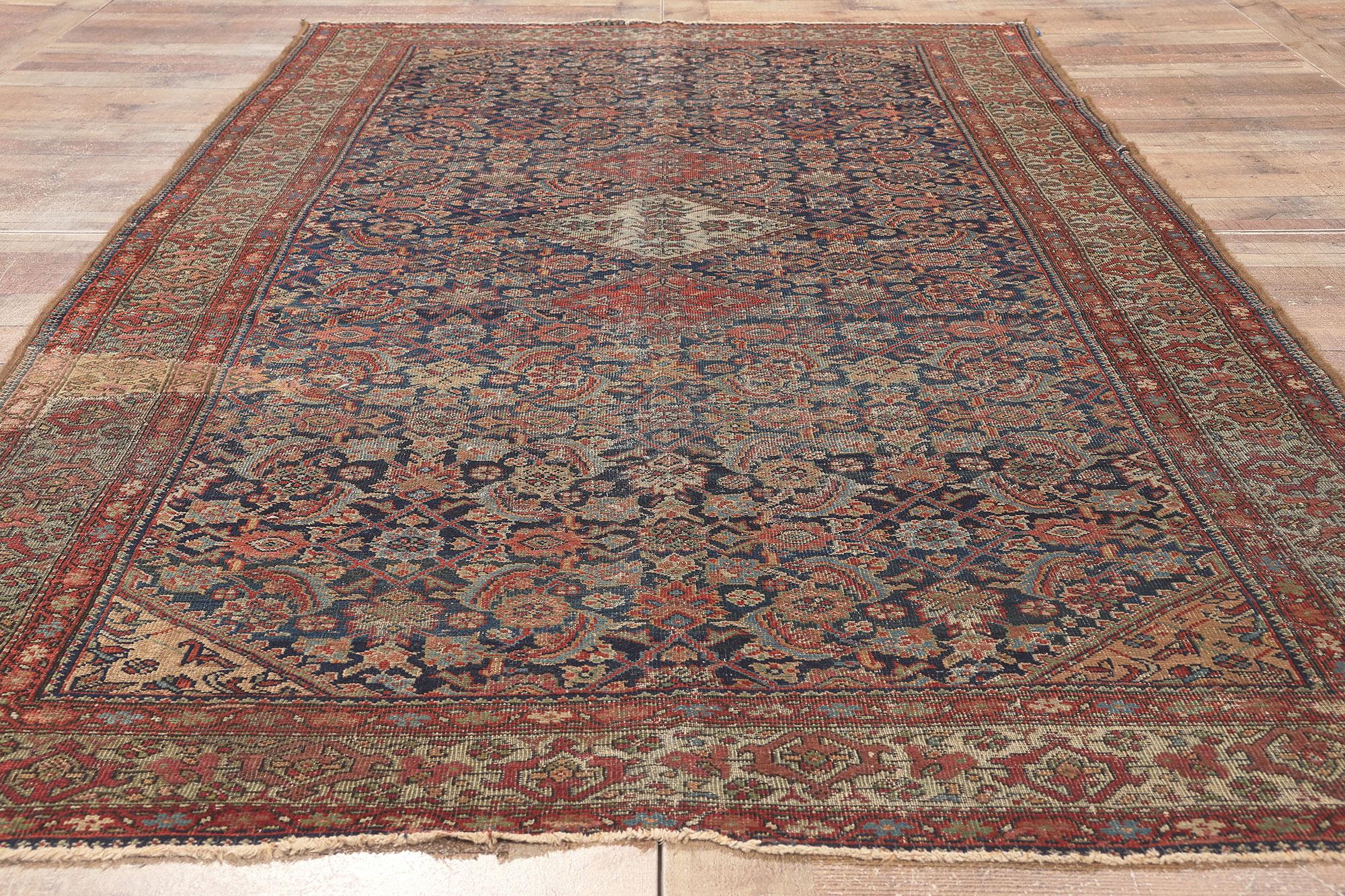 1880s Antique Persian Farahan Rug, Weathered Beauty Meets Rustic Sensibility For Sale 1