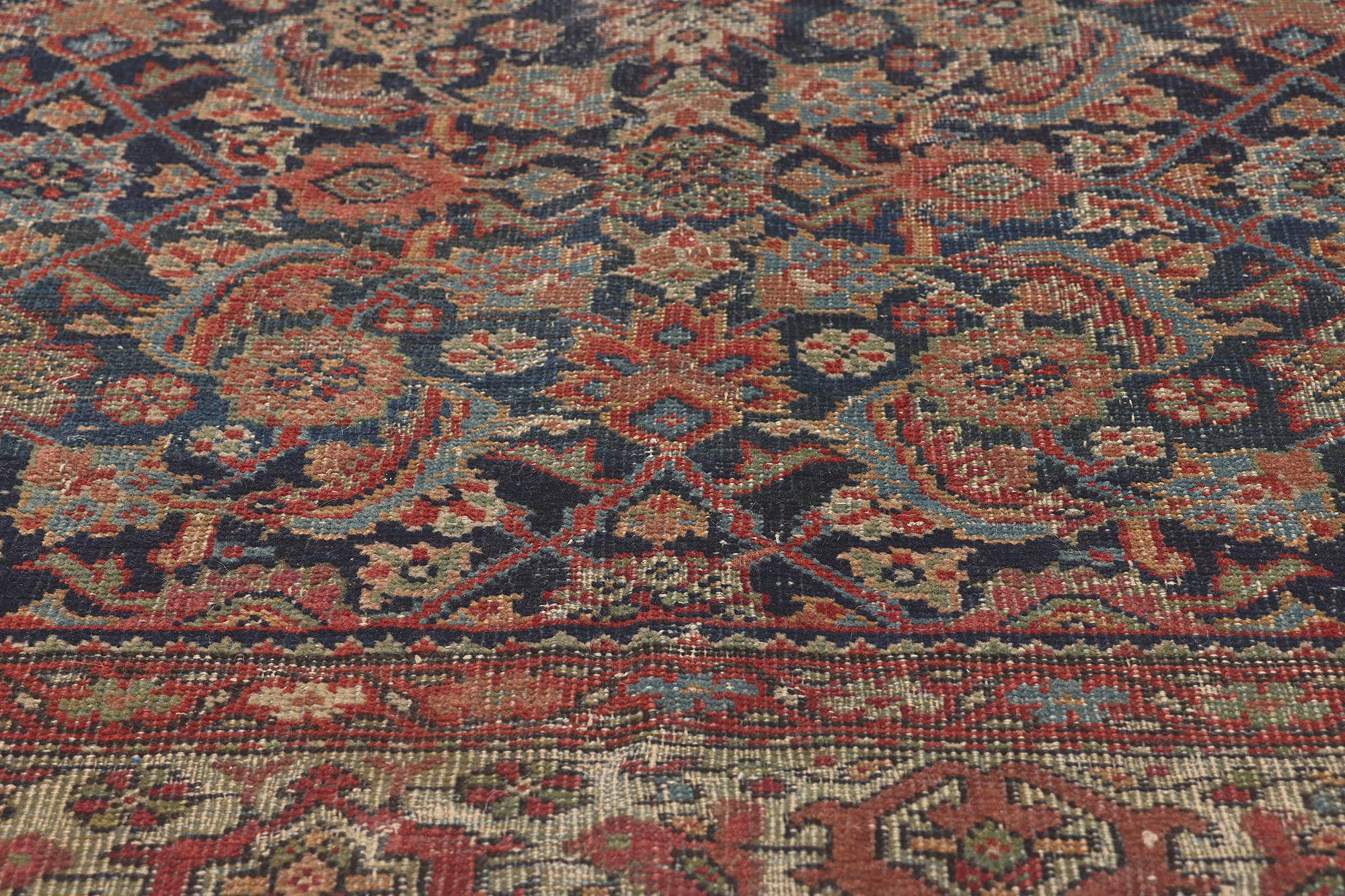 1880s Antique Persian Farahan Rug, Weathered Beauty Meets Rustic Sensibility In Distressed Condition For Sale In Dallas, TX