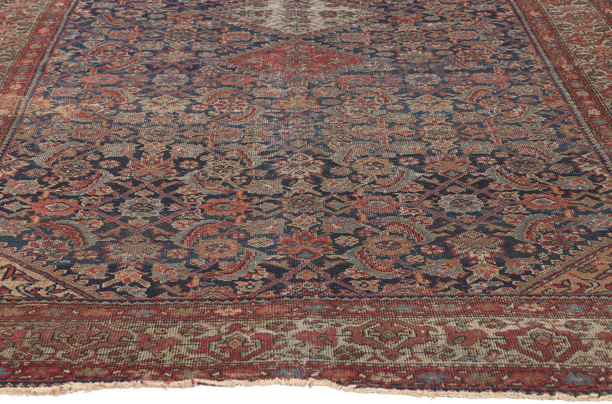 Hand-Knotted 1880s Antique Persian Farahan Rug, Weathered Beauty Meets Rustic Sensibility For Sale