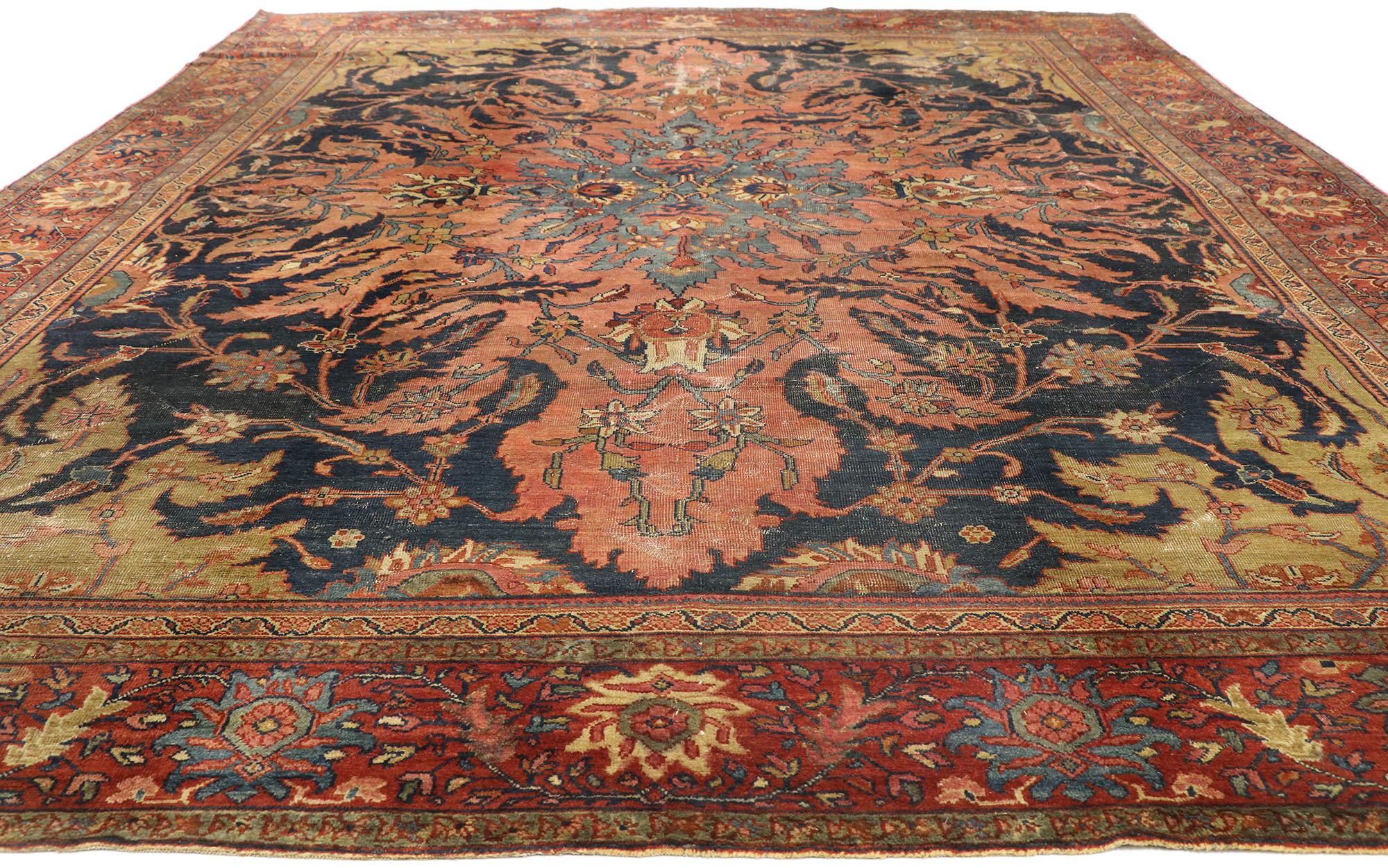 Sarouk Farahan Distressed Antique Persian Farahan Rug with Modern Rustic English Style For Sale