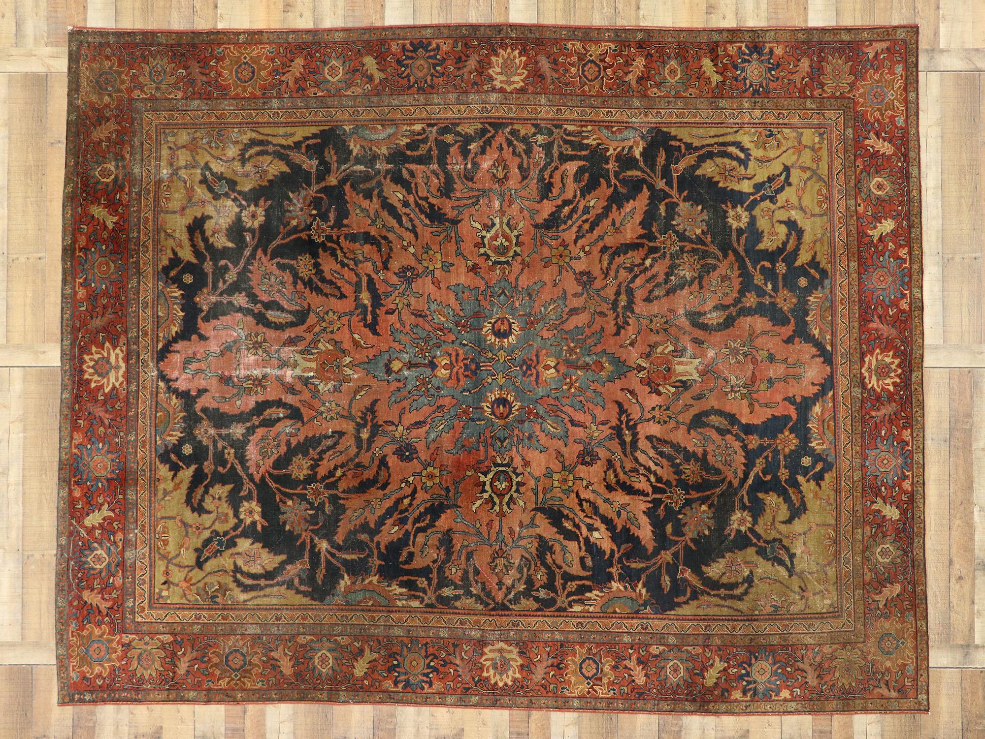 19th Century Distressed Antique Persian Farahan Rug with Modern Rustic English Style For Sale