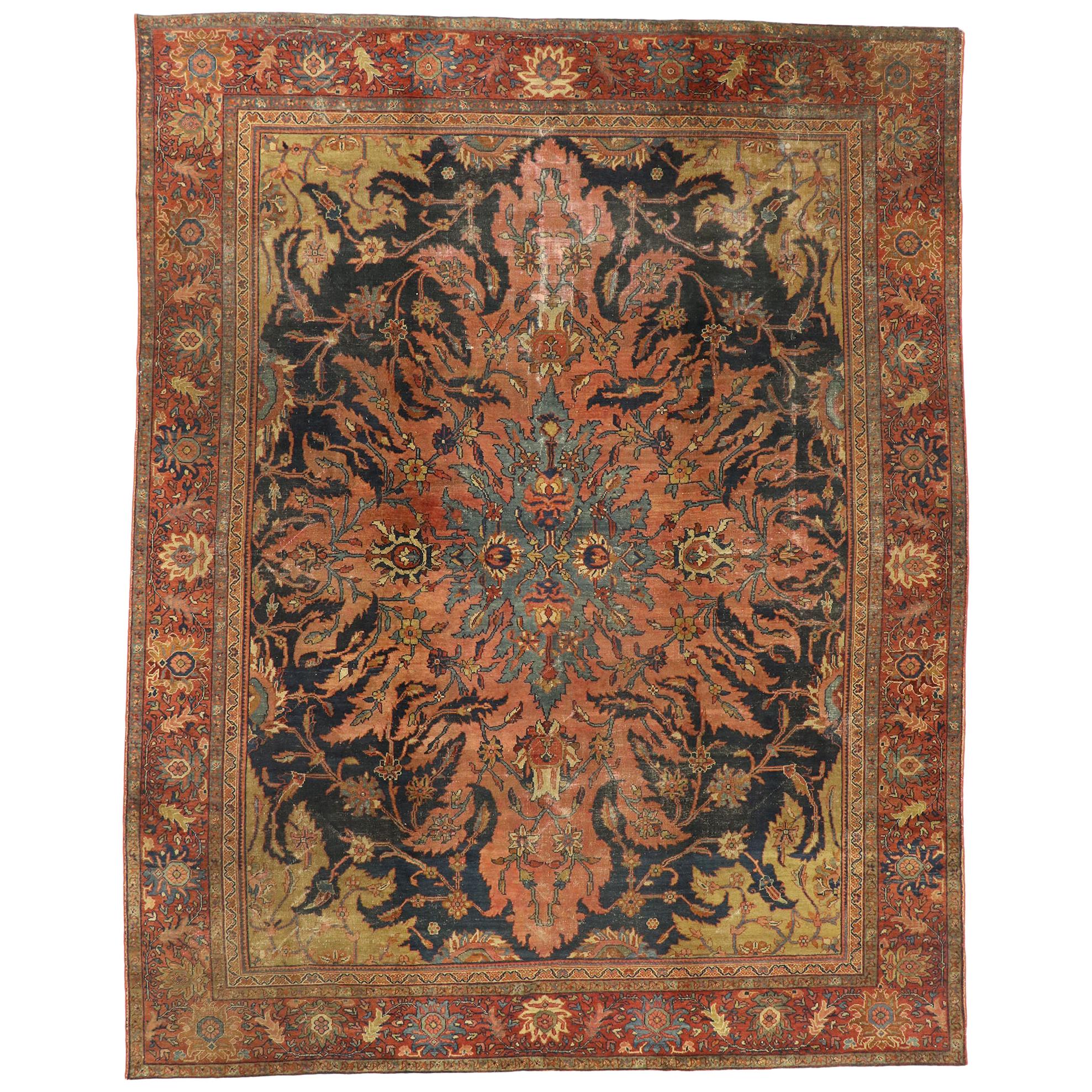 Tapis persan Farahan ancien et vieilli de style anglais moderne et rustique