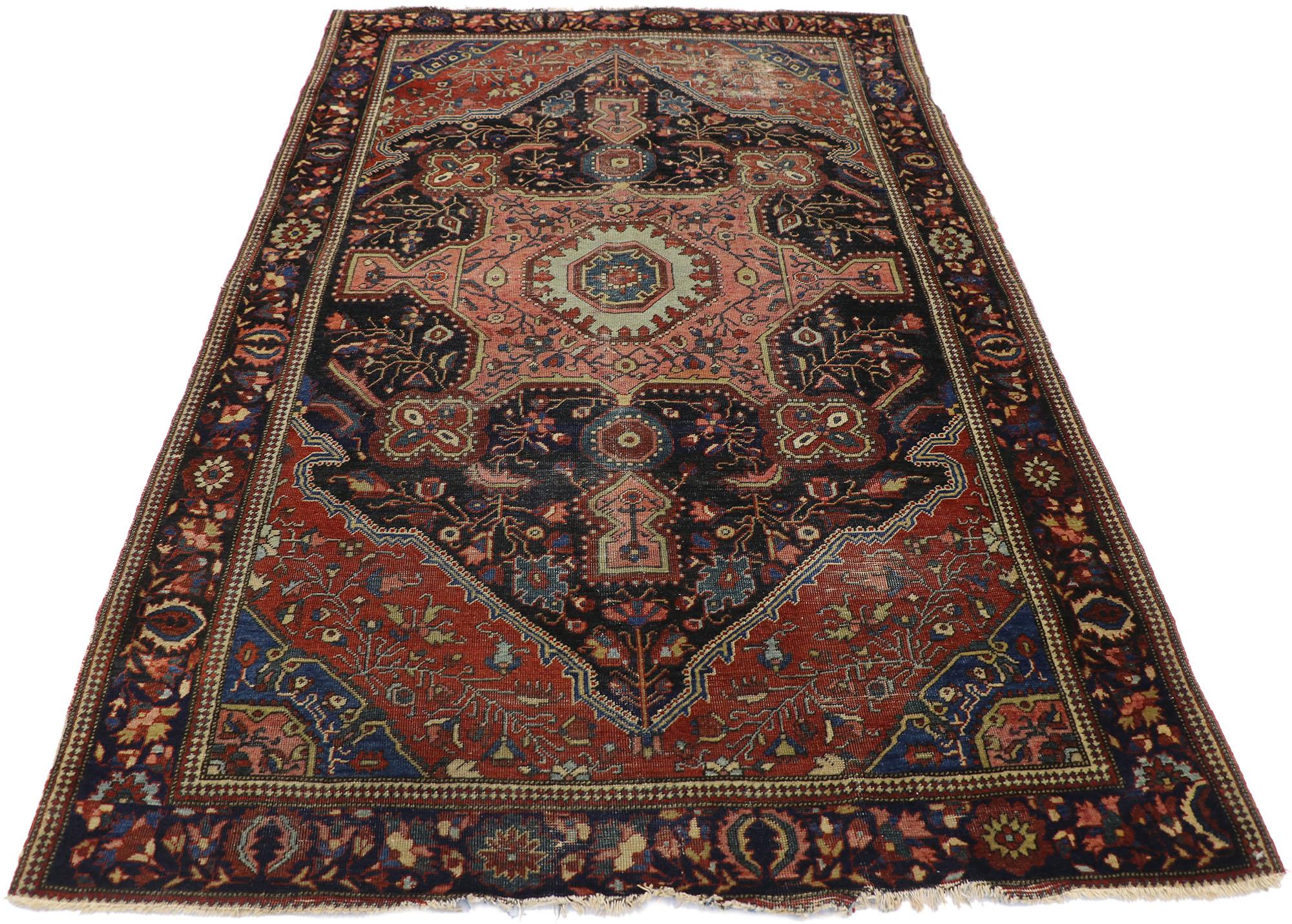Sarouk Farahan Distressed Antique Persian Farahan Rug with Victorian Farmhouse Style For Sale