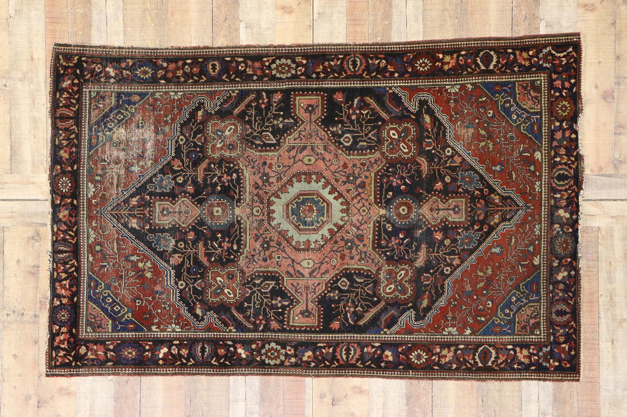Distressed Antique Persian Farahan Rug with Victorian Farmhouse Style For Sale 1