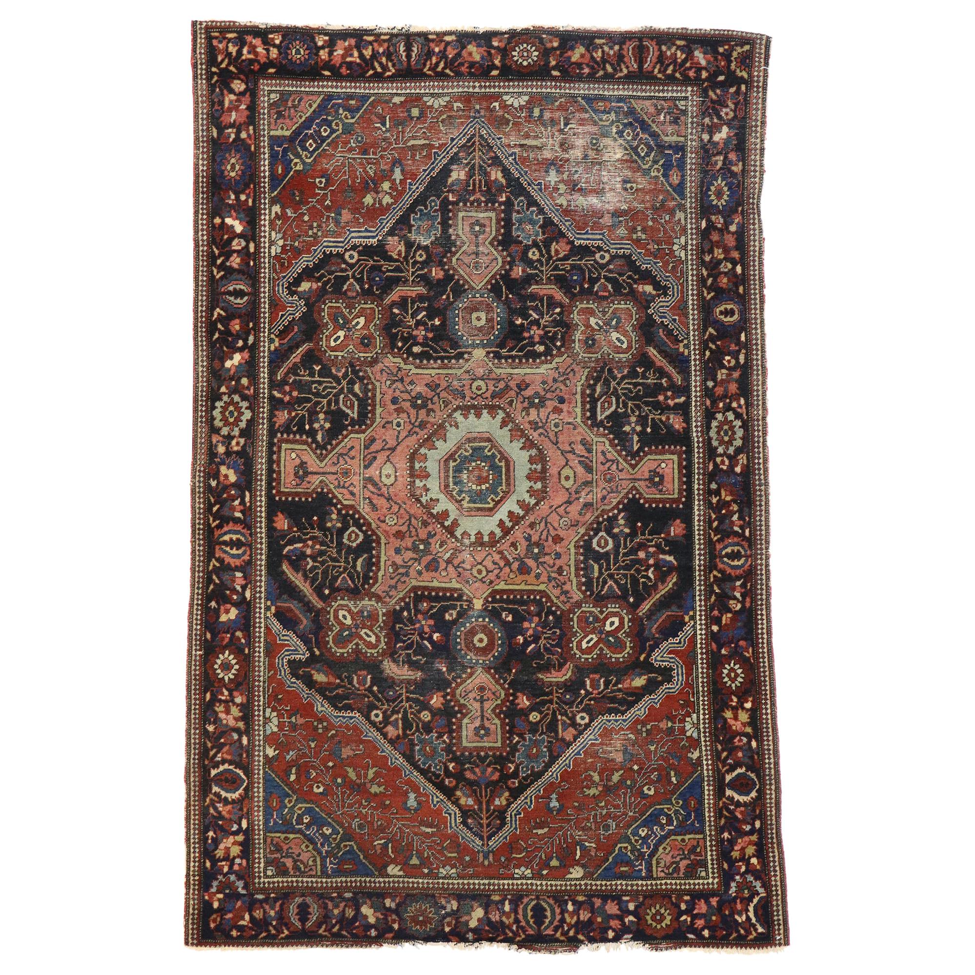 Distressed Antique Persian Farahan Rug with Victorian Farmhouse Style For Sale