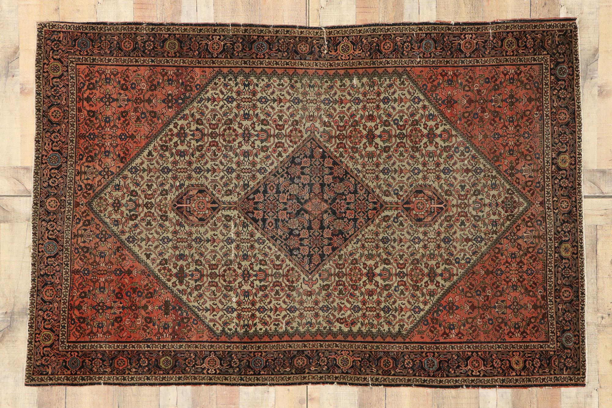 Distressed Antique Persian Farahan Rug withy Rustic Craftsman Style For Sale 3