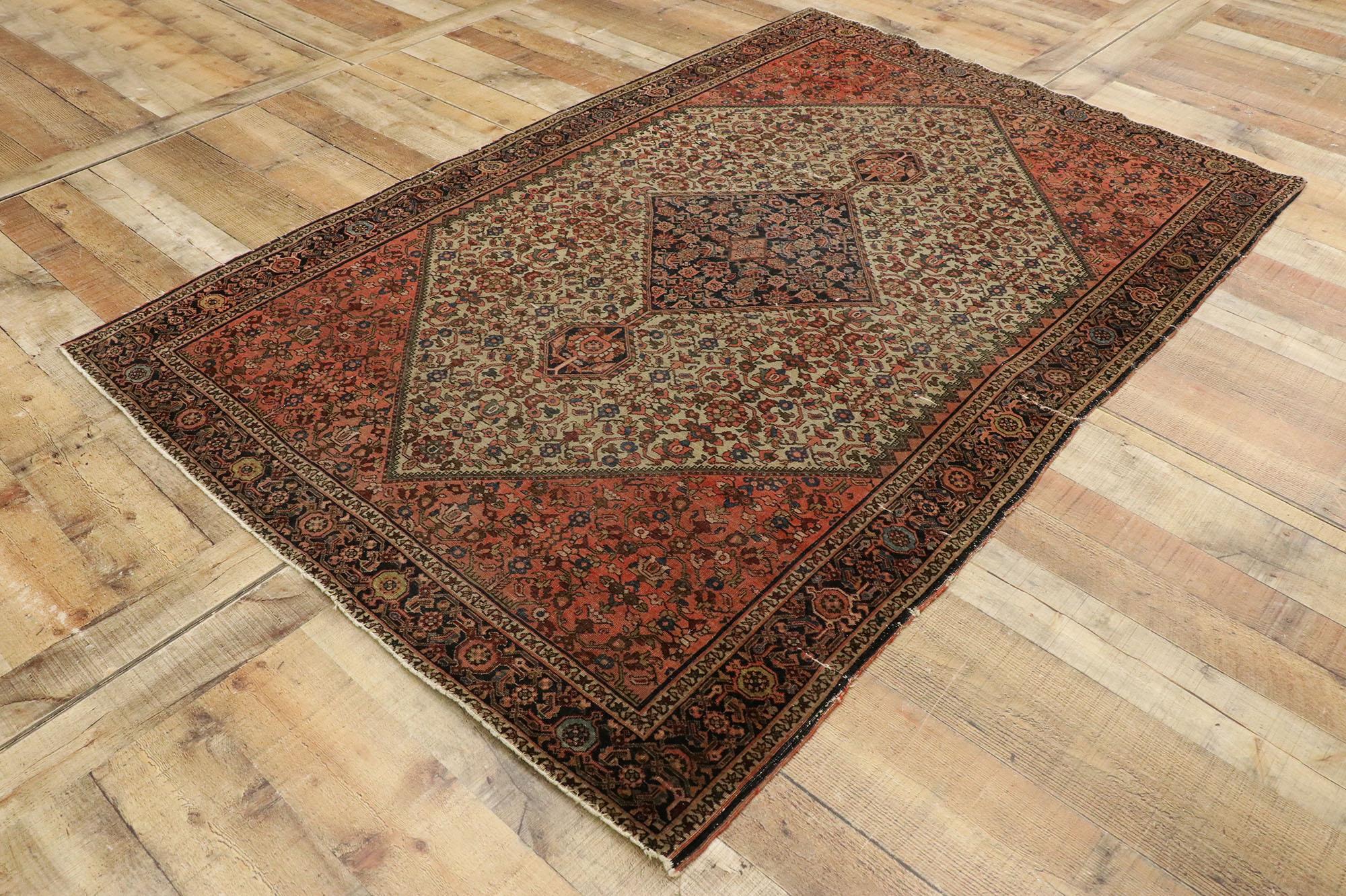 Wool Distressed Antique Persian Farahan Rug withy Rustic Craftsman Style For Sale