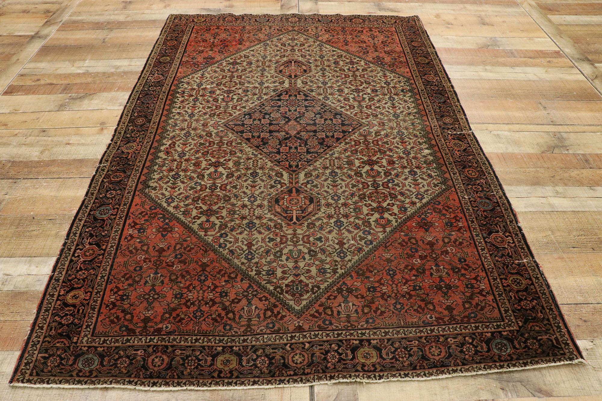 Distressed Antique Persian Farahan Rug withy Rustic Craftsman Style For Sale 2