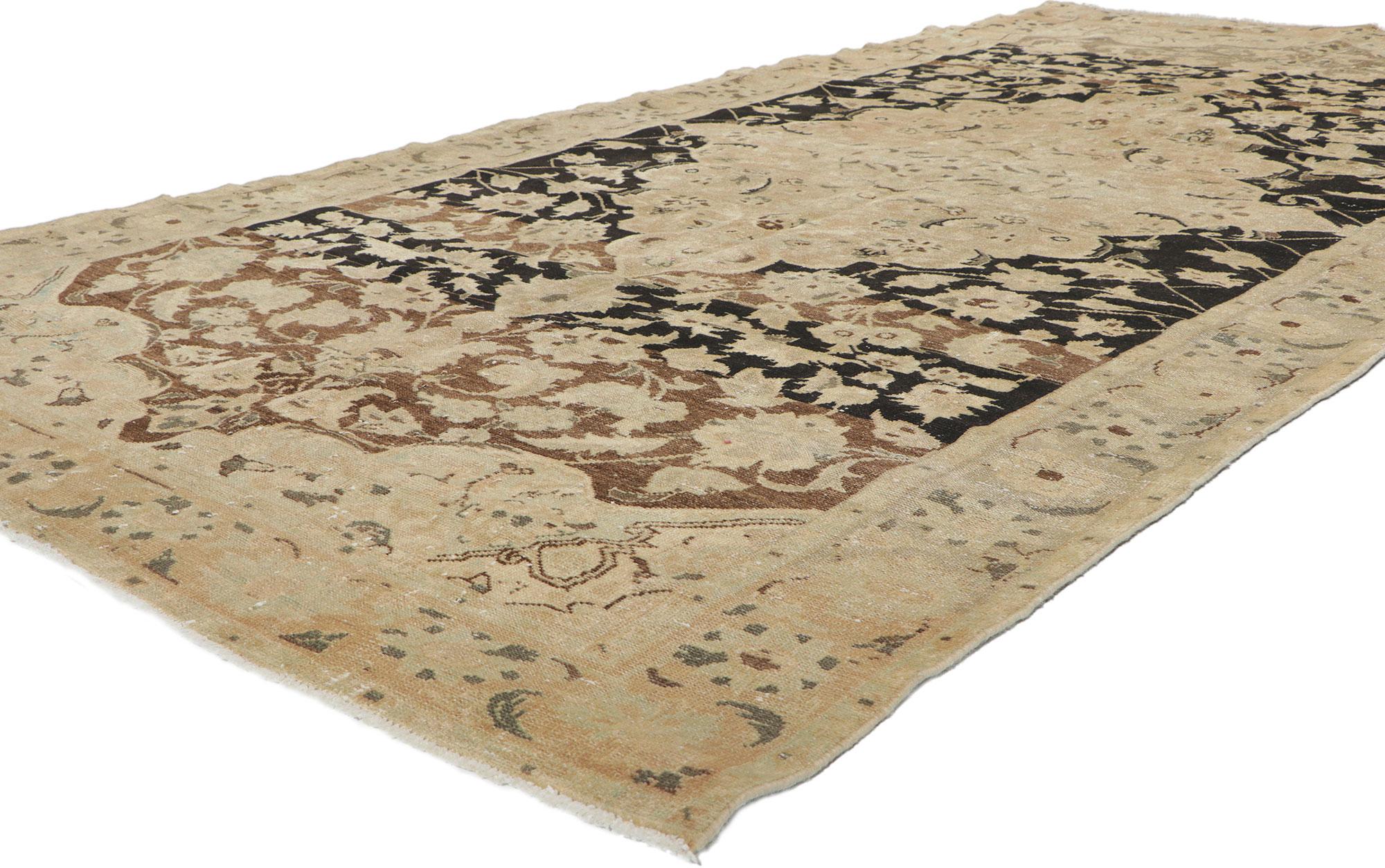 60959 Distressed Antique Persian Feridan rug, 05'03 x 09'11
Distressed. Desirable Age Wear. 
Antique Wash.
Abrash.
Made in Iran.